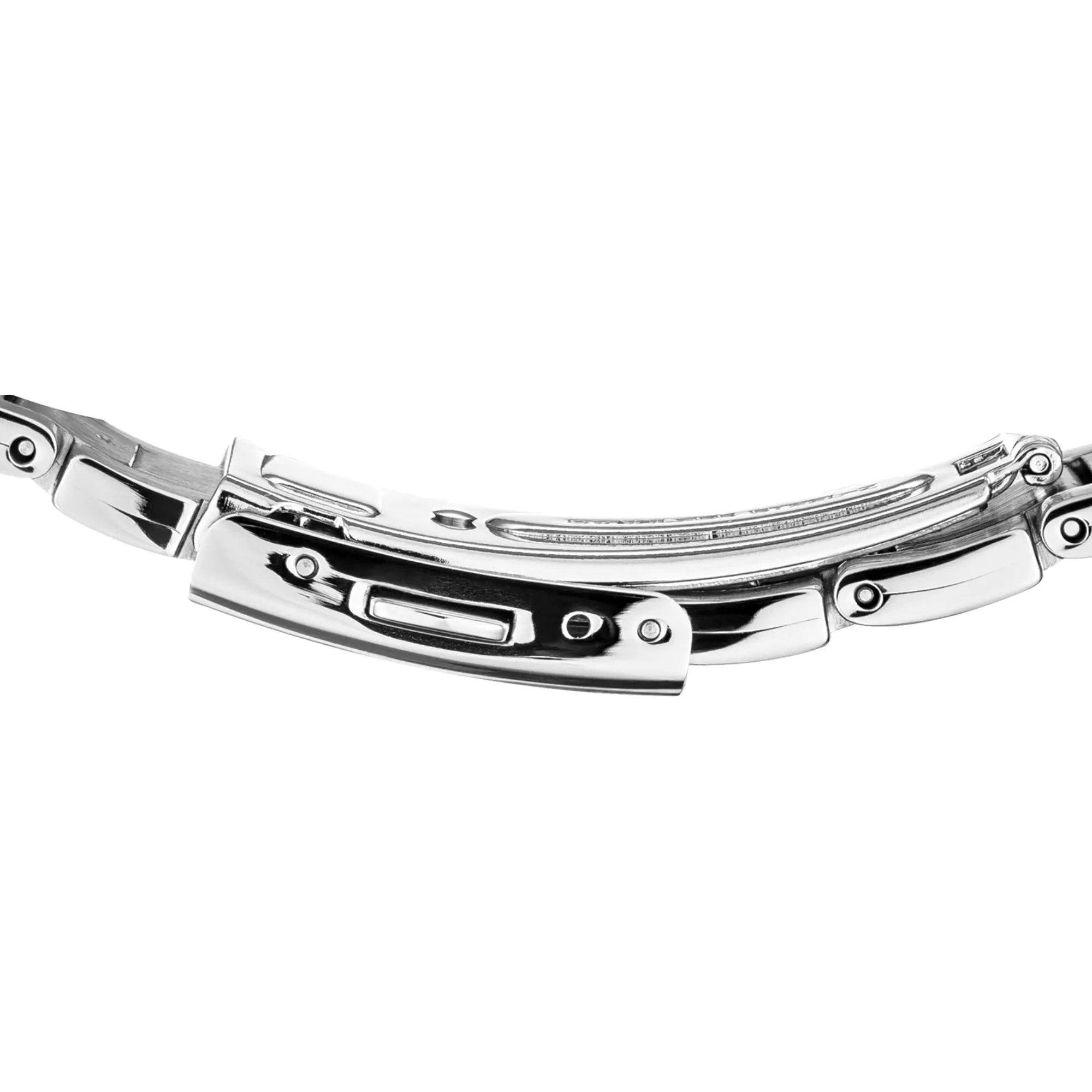 Interior side view of the linked bracelet showing the curved folding mechanism for the Seiko SUR309P1
