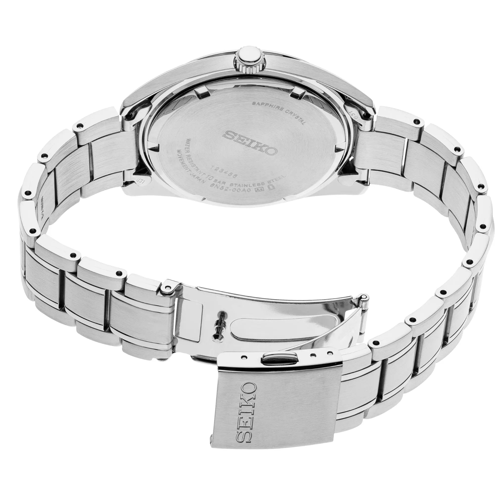 Angled view of the back case on the Seiko Steel Mens Quartz Watch SUR309P1 highlighting the engraved branding and deployment clasp mechanism