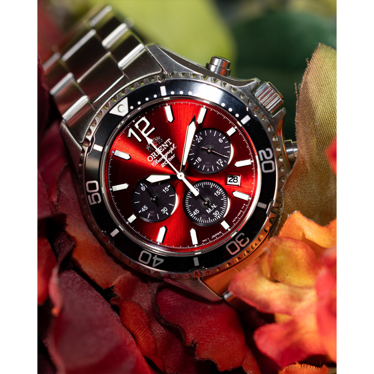 Orient Mako Solar Quartz Red Dial Steel Strap Men’s Dive Watch RA-TX0207R10B