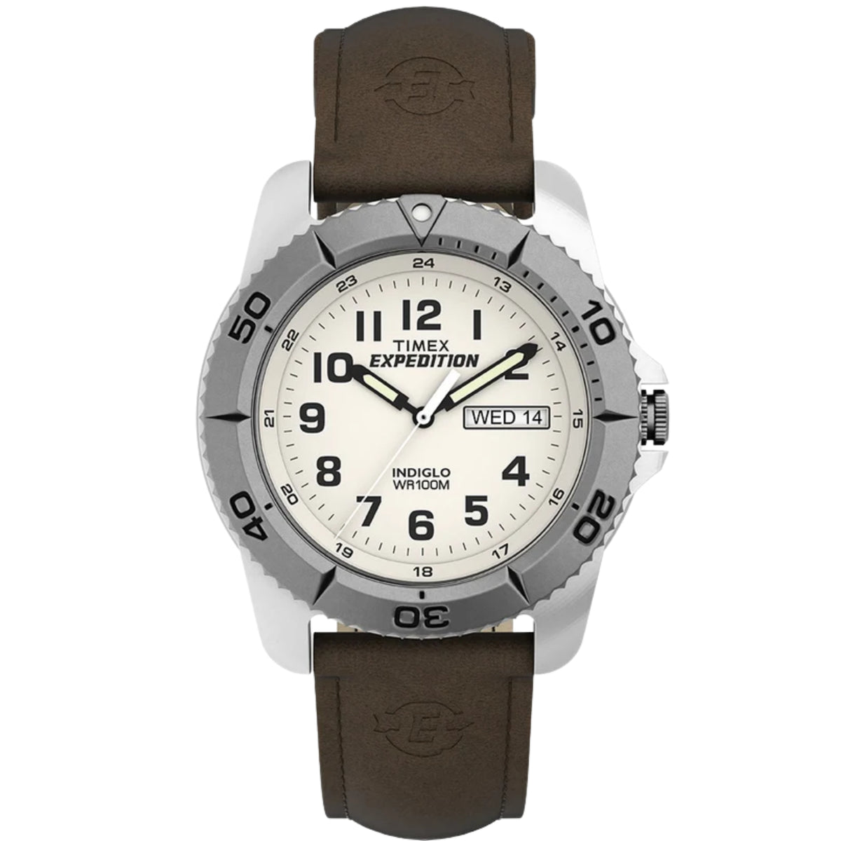 Timex Expedition T46681 front view displaying cream dial with full Arabic numerals, day-date window, rotating bezel, and leather strap