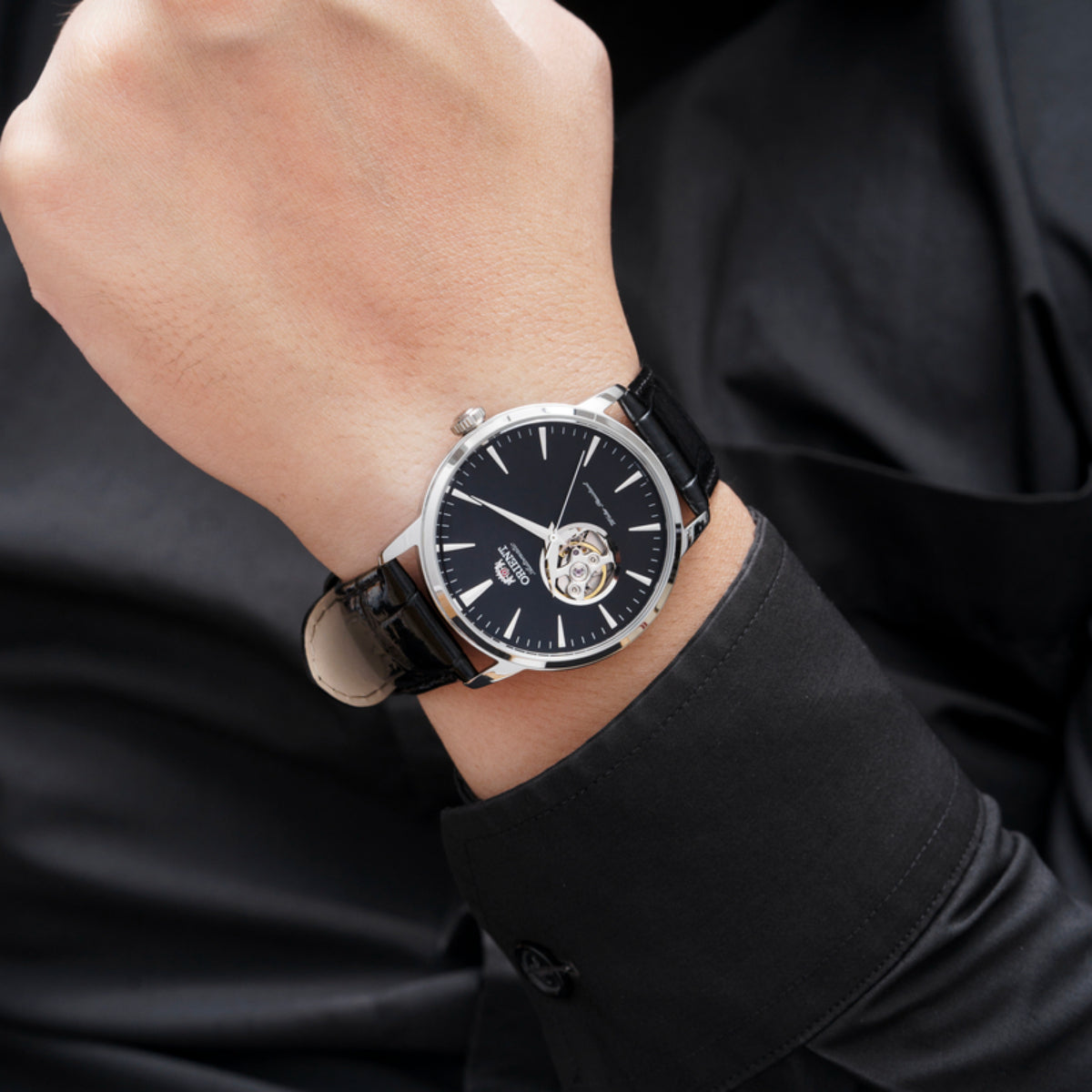 Orient Contemporary Open Heart Automatic Black Dial Leather Strap Men’s Watch TAG02004B0