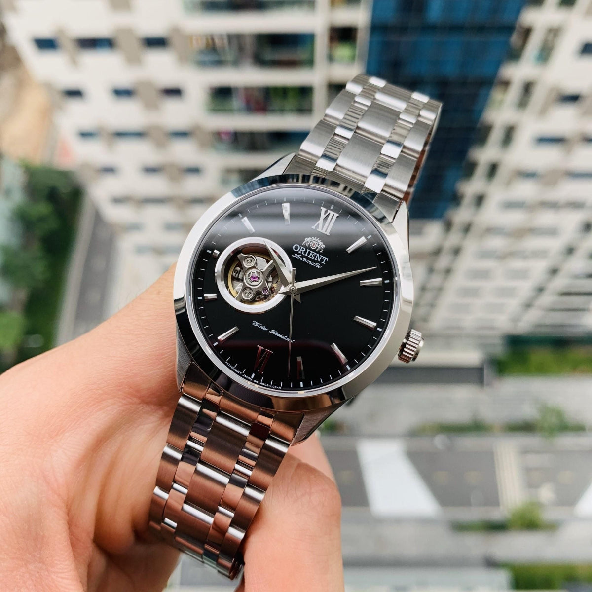 Orient Contemporary Open-Heart Automatic Black Dial Steel Strap Men's Watch TAG03001B0