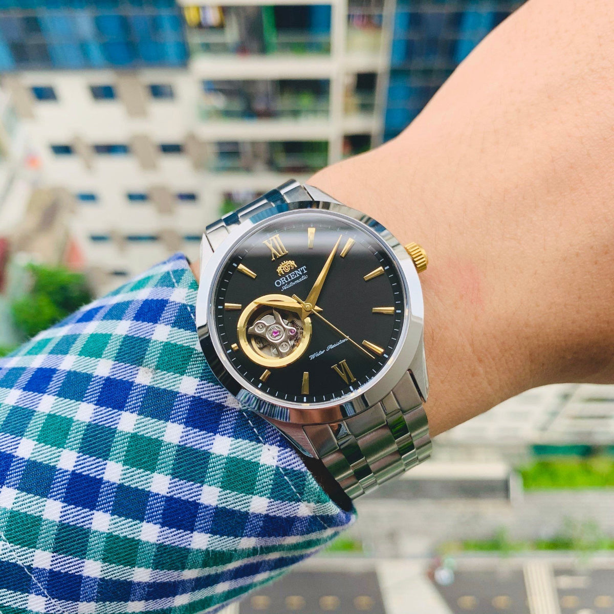 Orient Contemporary Open Heart Black Dial Steel Strap Men's Watch TAG03002B0