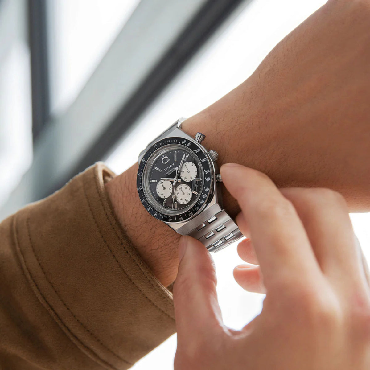 Timex Q Diver-Inspired Chrono Black Dial Steel Strap Men's Watch TW2V42600