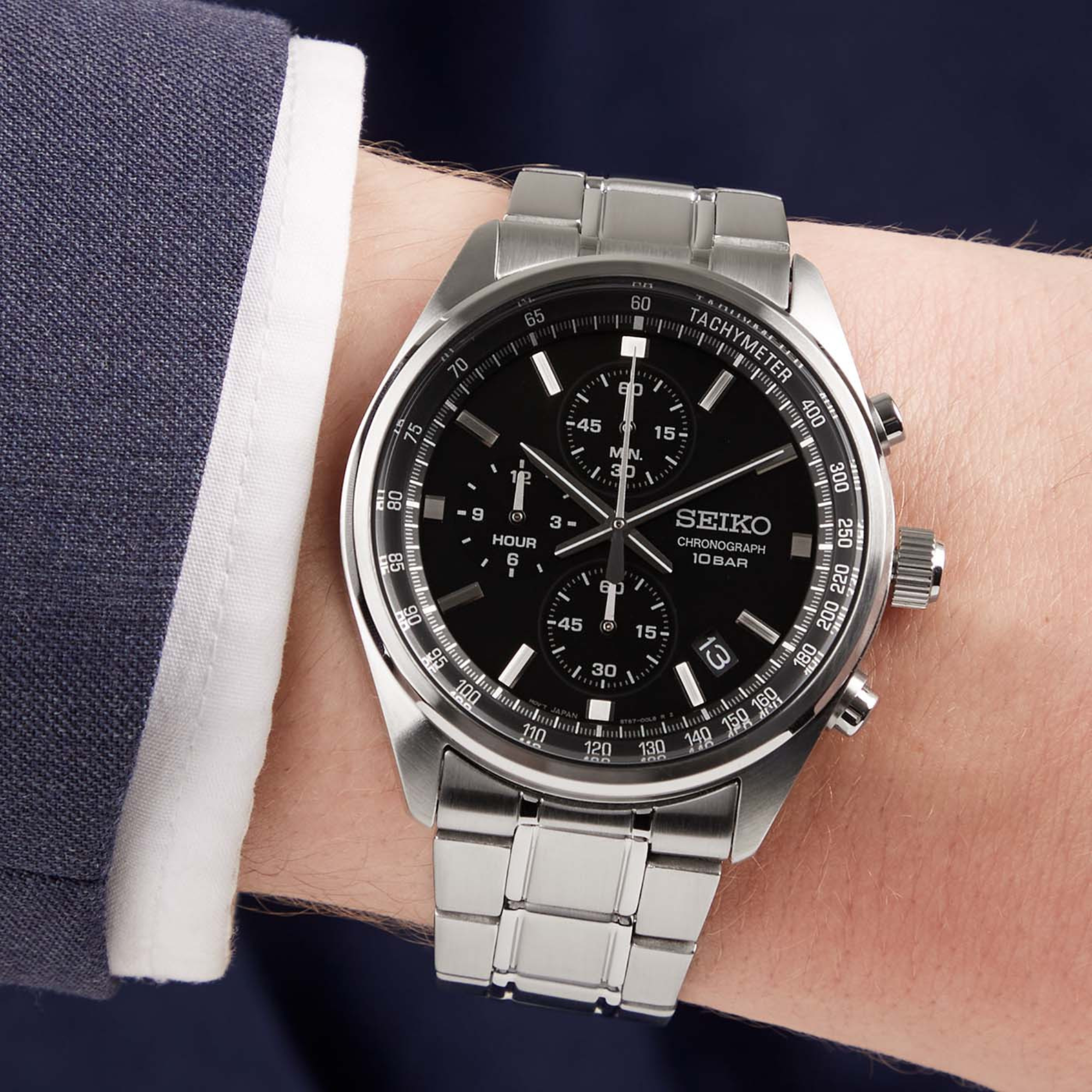Seiko Conceptual Quartz Chronograph Black Dial Steel Strap Men's Watch SSB379P1