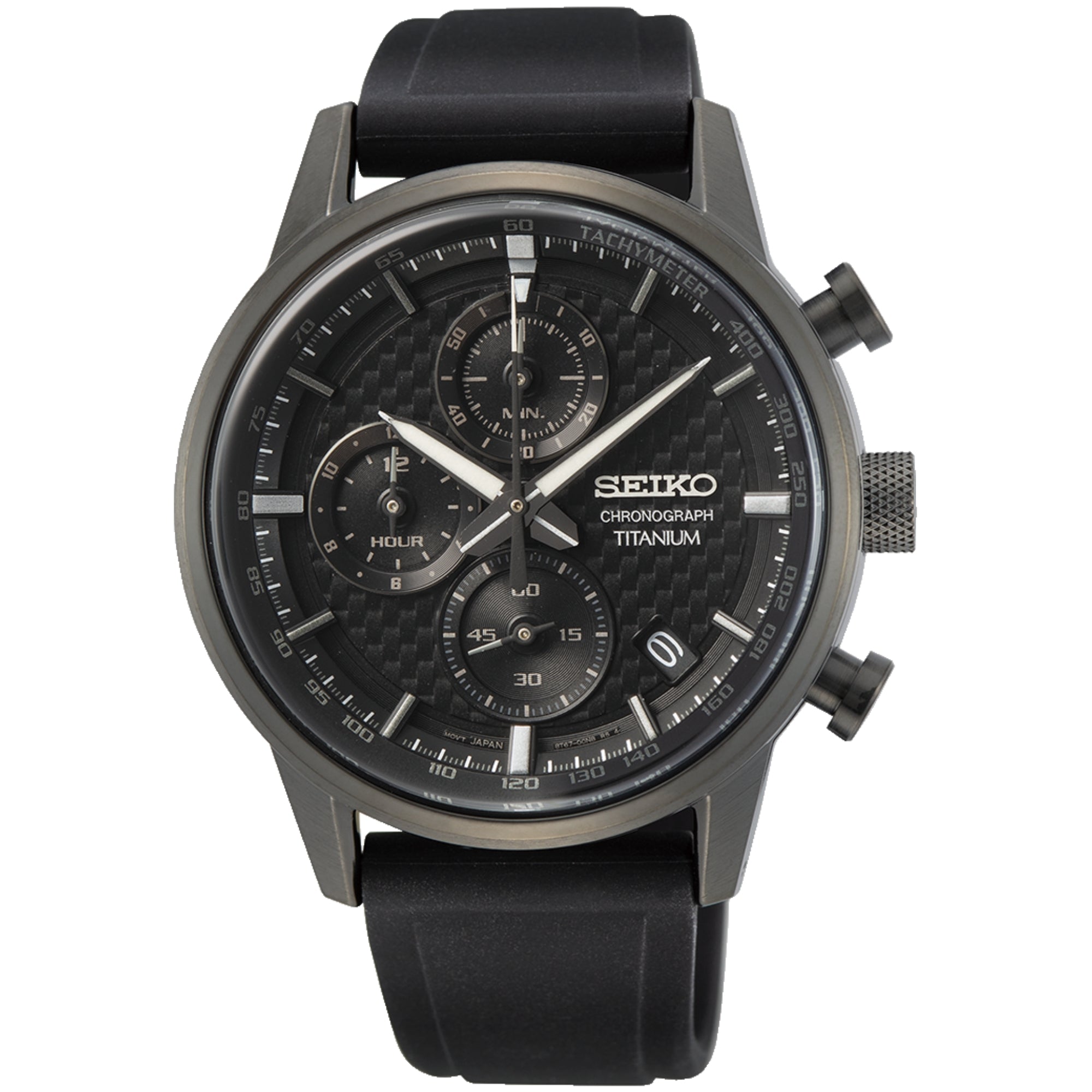 Seiko Essentials 42mm Titanium Chronograph Black Dial Silicone Mens Quartz Watch SSB393P1