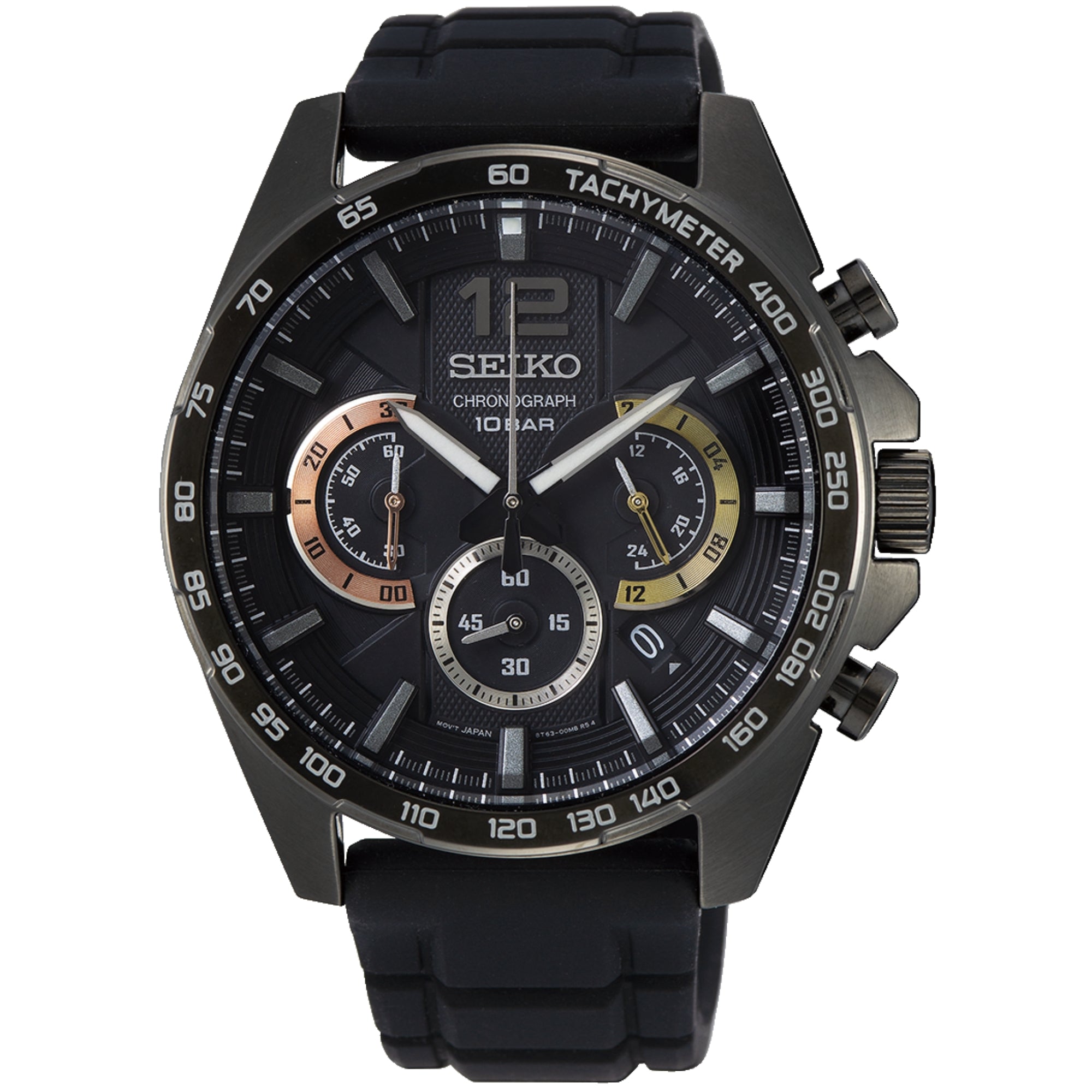 Seiko Essentials 44mm Chronograph Black Dial Silicone Mens Quartz Watch SSB349P1