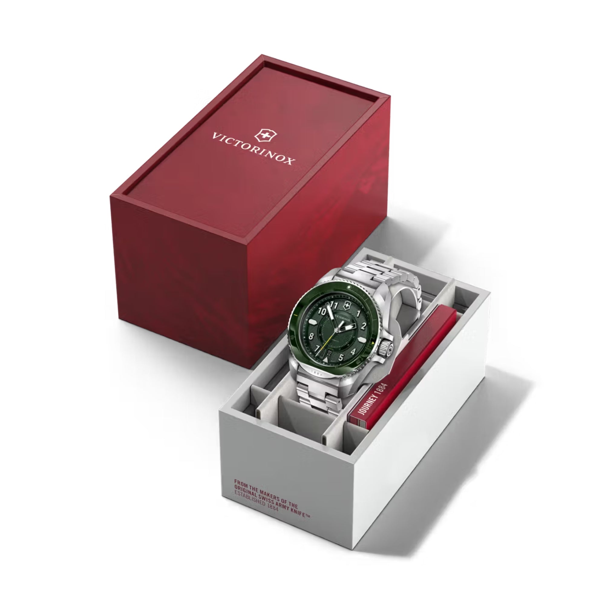Victorinox Journey 1884 242015 green dial automatic watch presented in luxury red and grey official gift box