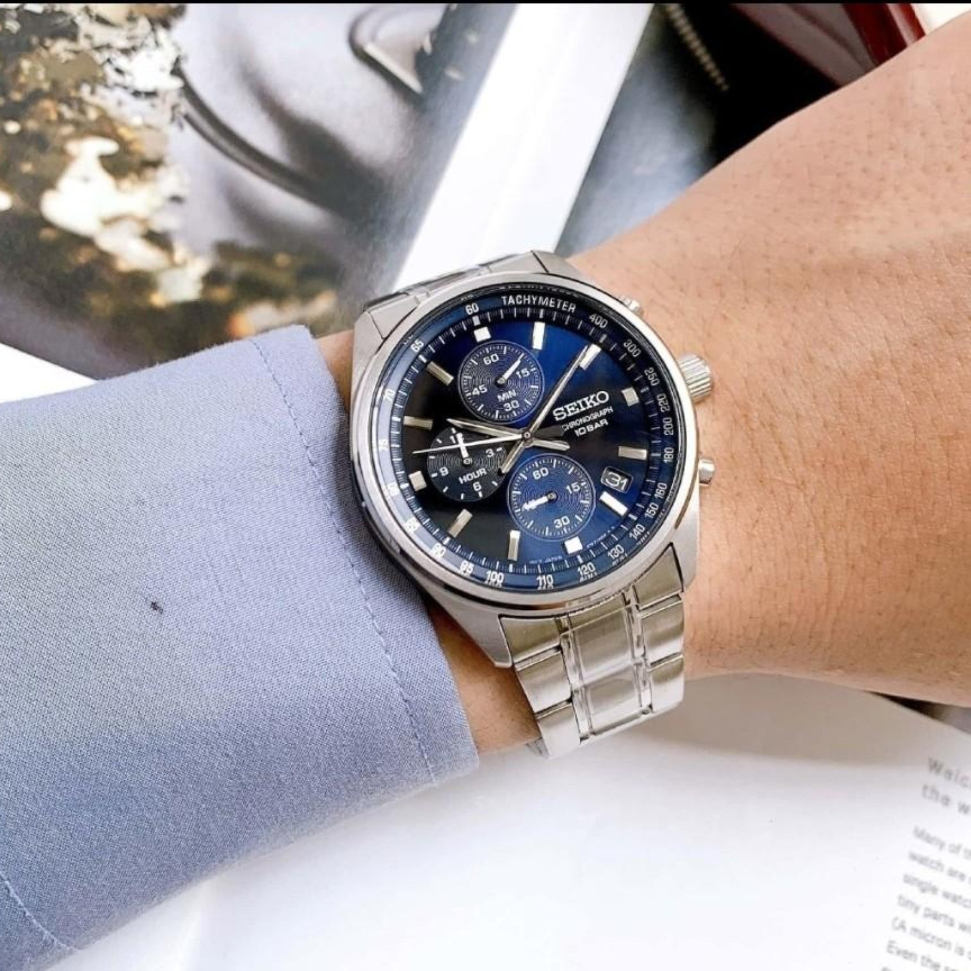 Seiko Essentials 41.5mm Chronograph Blue Dial Steel Mens Quartz Watch SSB377P1
