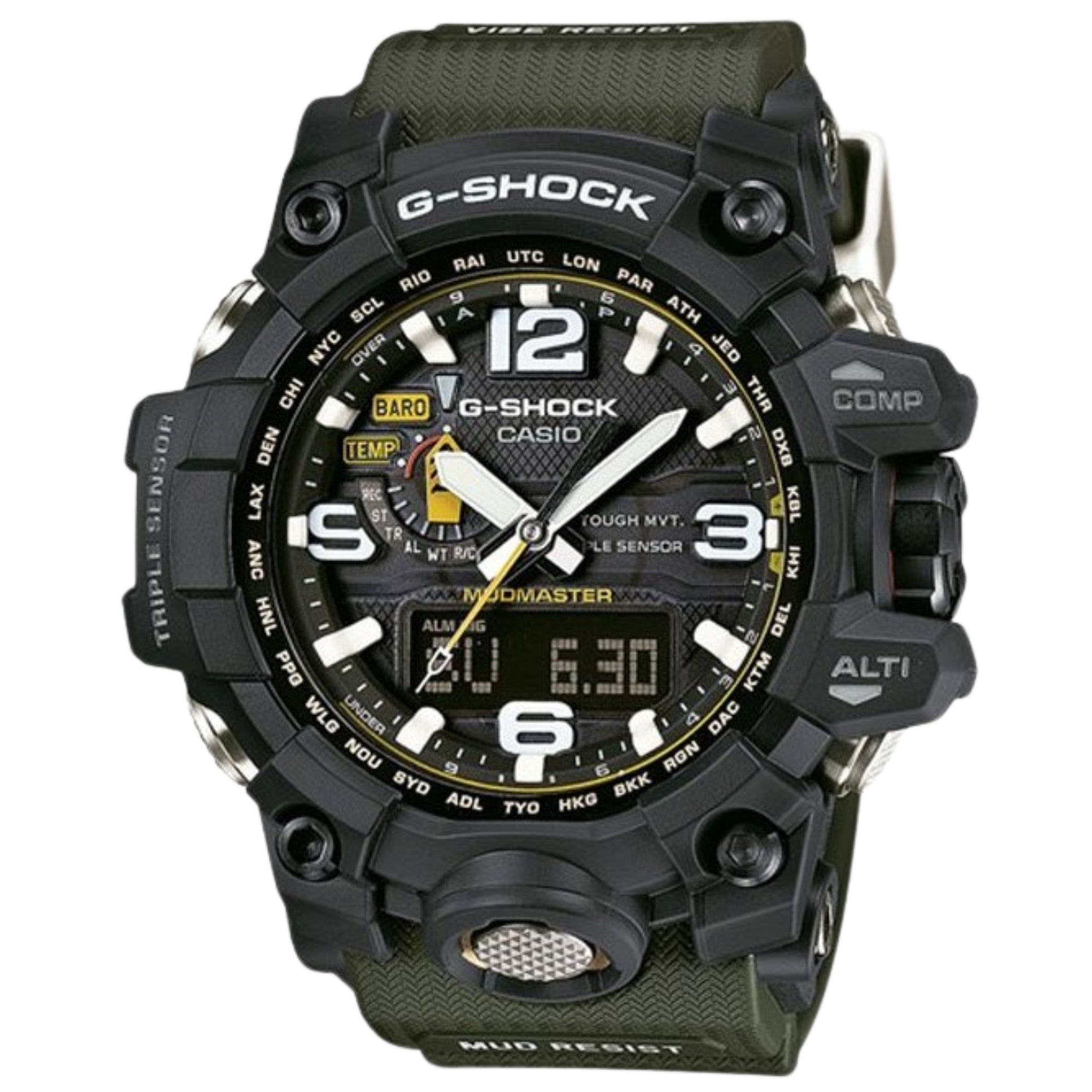 Montre homme Casio G-Shock Mudmaster cadran noir bracelet résine verte solaire GWG-1000-1A3ER