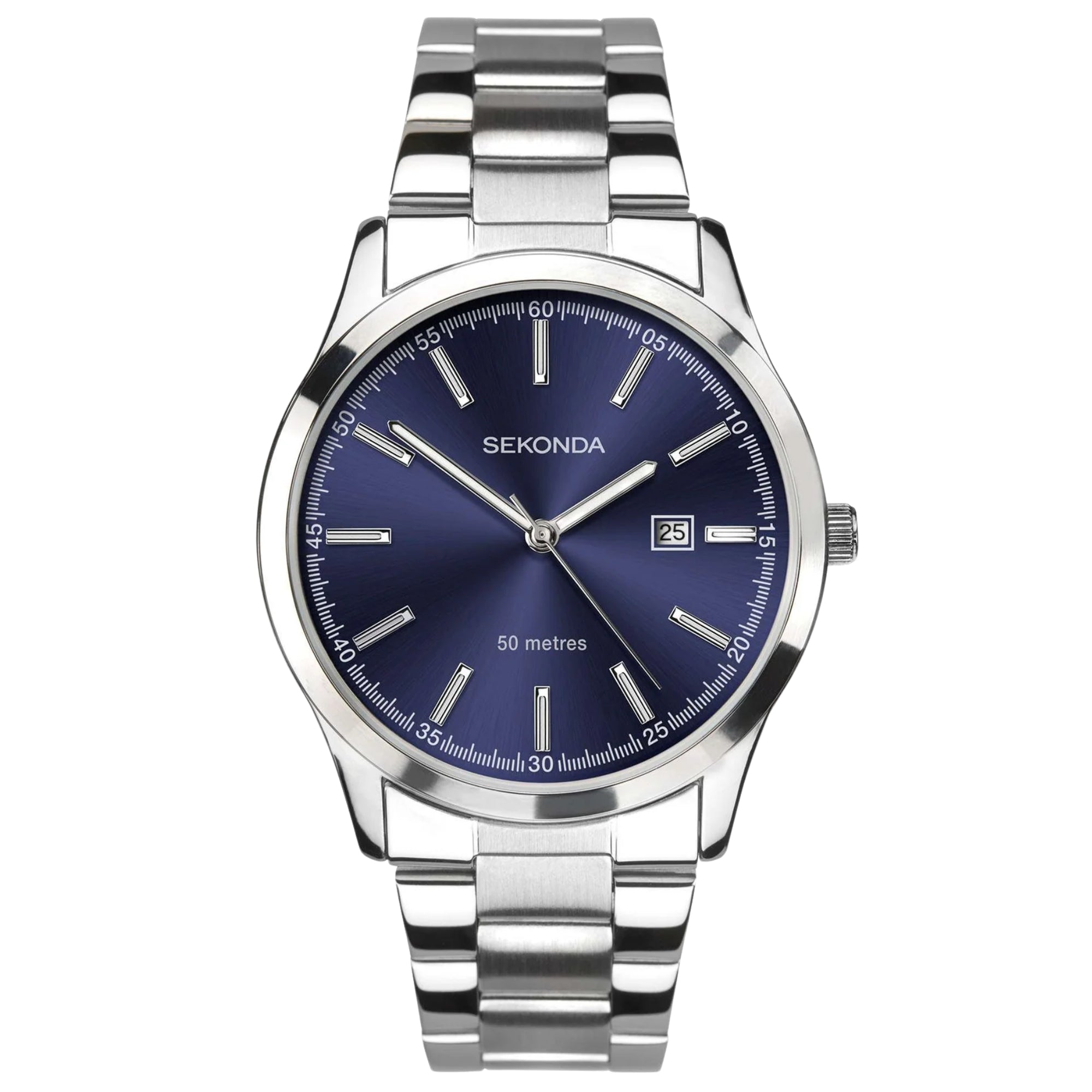 Sekonda blue dial watch with silver case, baton hands, and steel link bracelet
