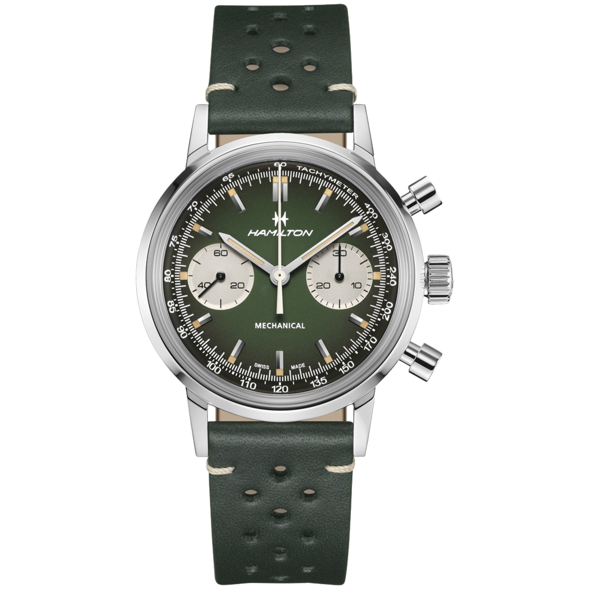 Hamilton American Classic 40mm Chronograph Green Dial Leather Mens Mechanical Watch H38429861