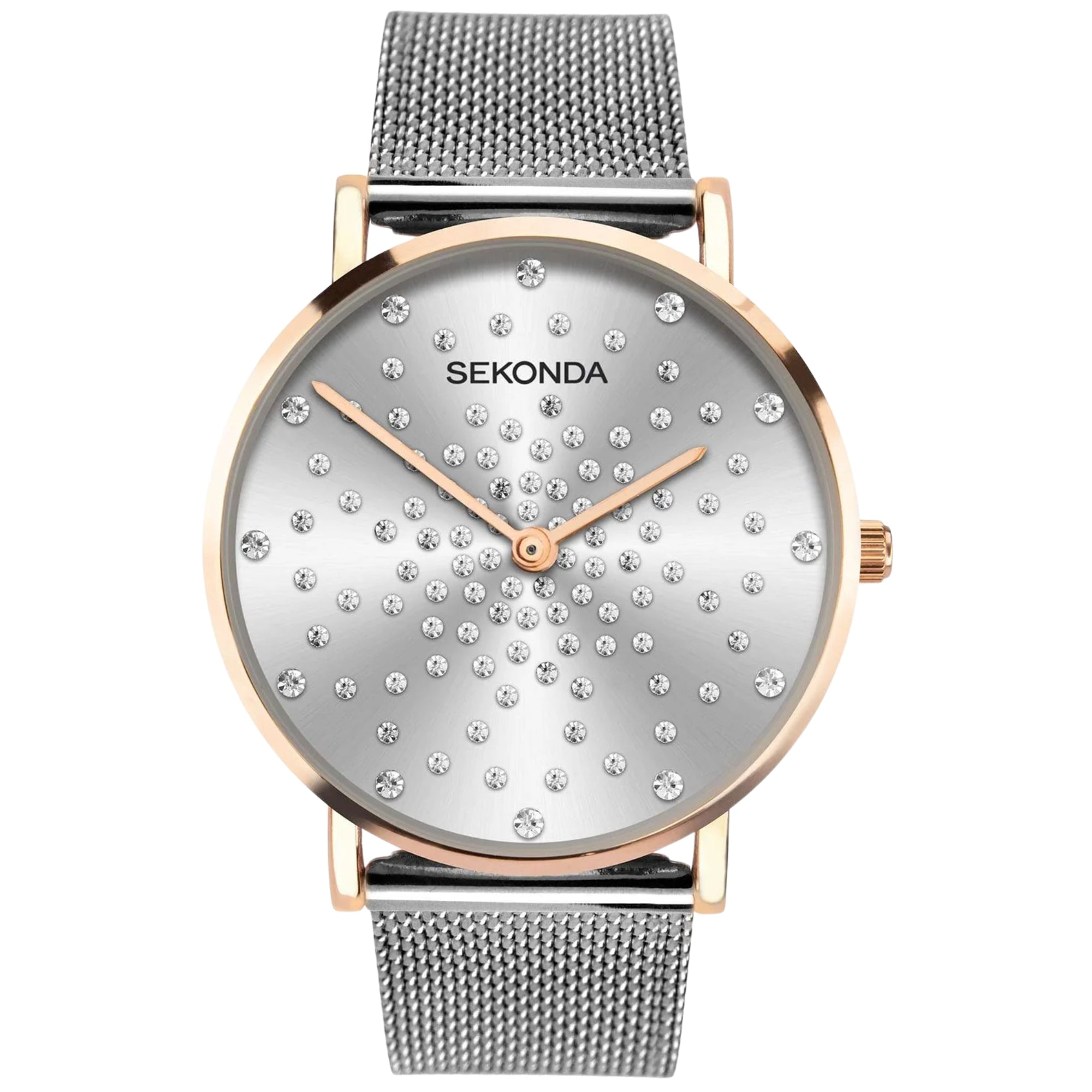 Angled SEKONDA watch with silver crystal dial, rose-gold bezel, gray mesh strap