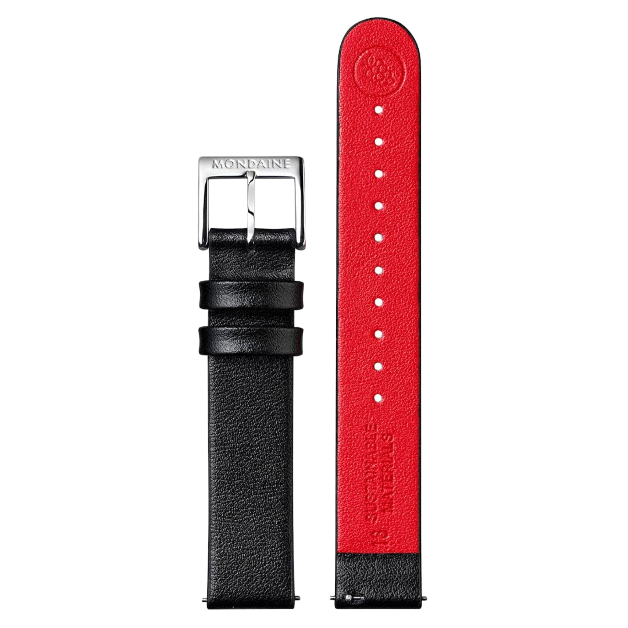 Mondaine Classic A658.30323.11SBBV replacement black leather strap featuring a red inner lining, silver buckle, and quick-release spring bars