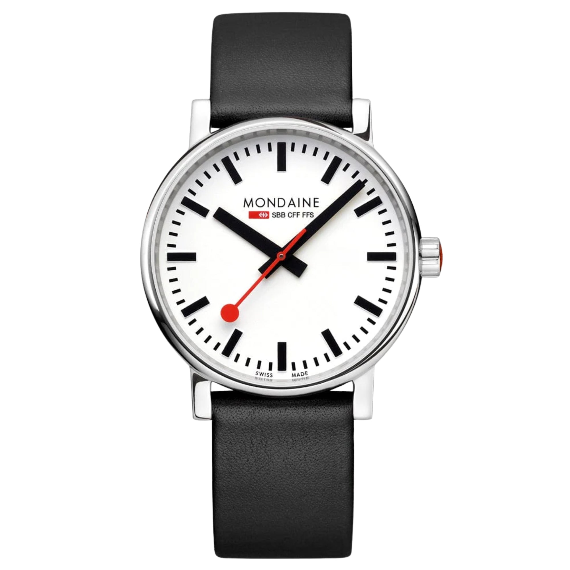 Mondaine Evo2 MSE.40110.LBV casual timepiece front view with black leather strap