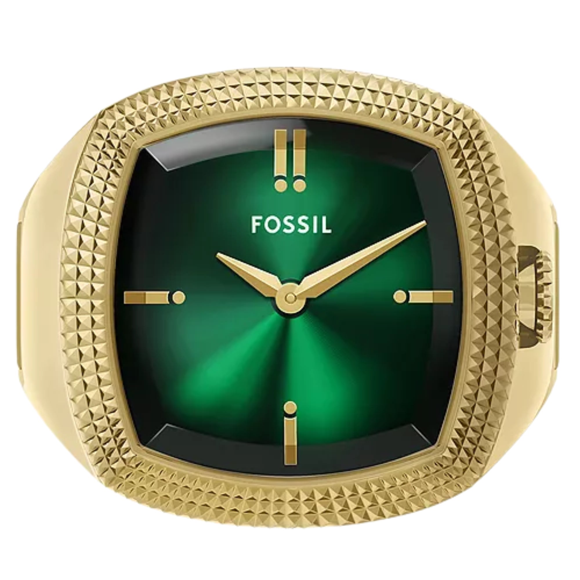 Gold-tone square watch with green dial, gold hands and hour markers