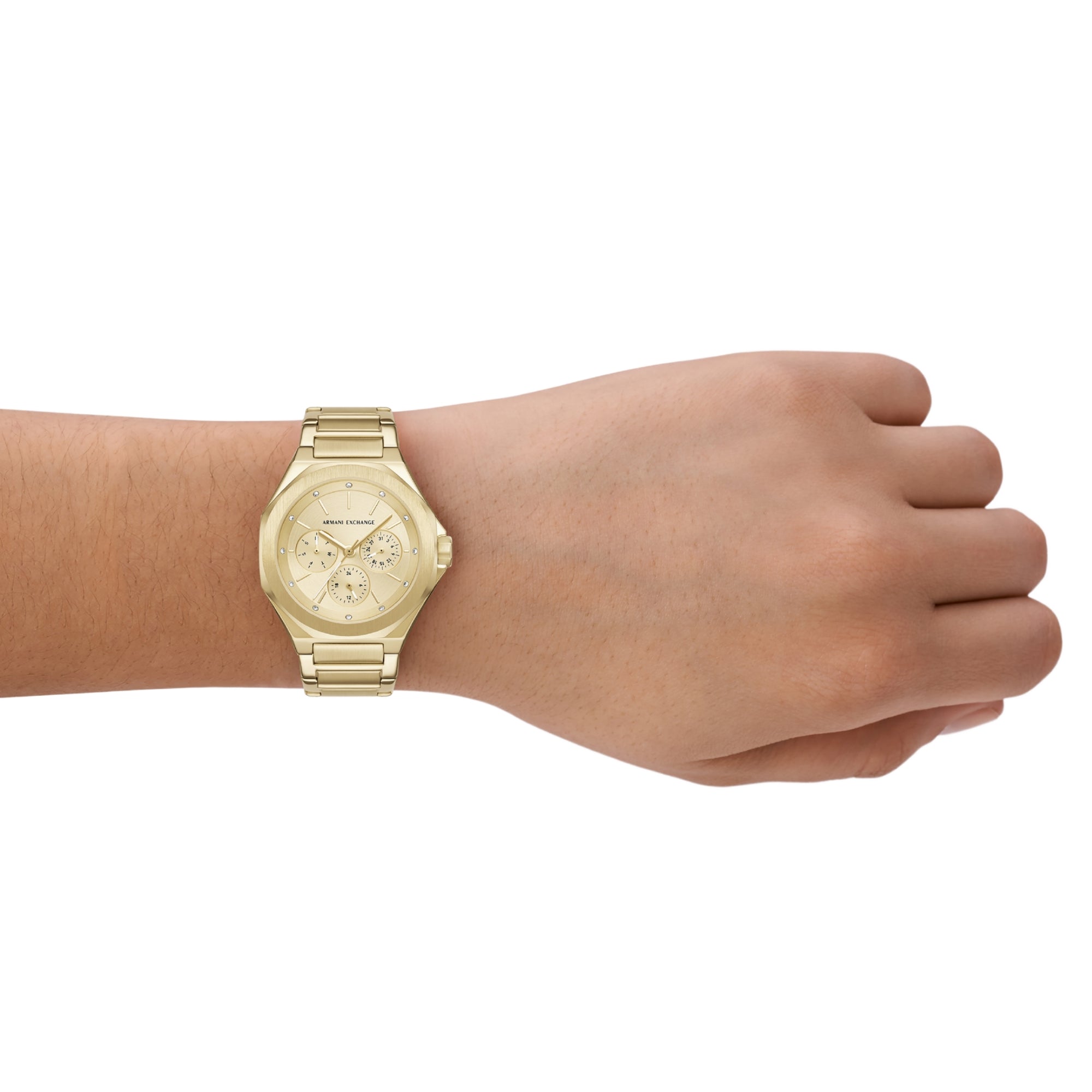 Armani Exchange Sync 36mm Chronograph Gold Dial Steel Ladies Quartz Watch AX4624