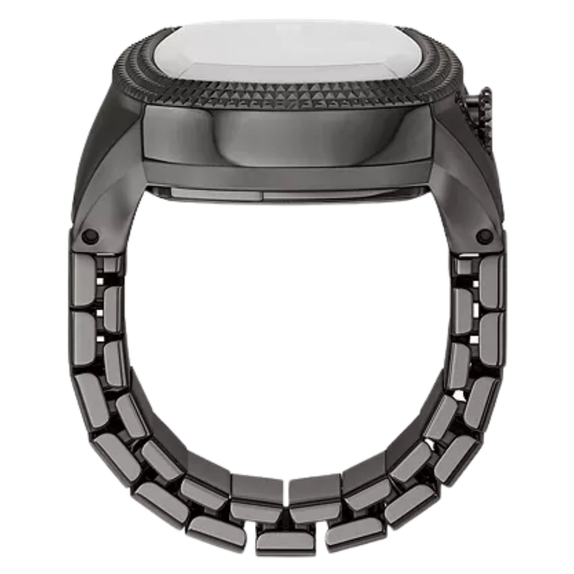 Steel quartz wristwatch with dark bezel and link bracelet