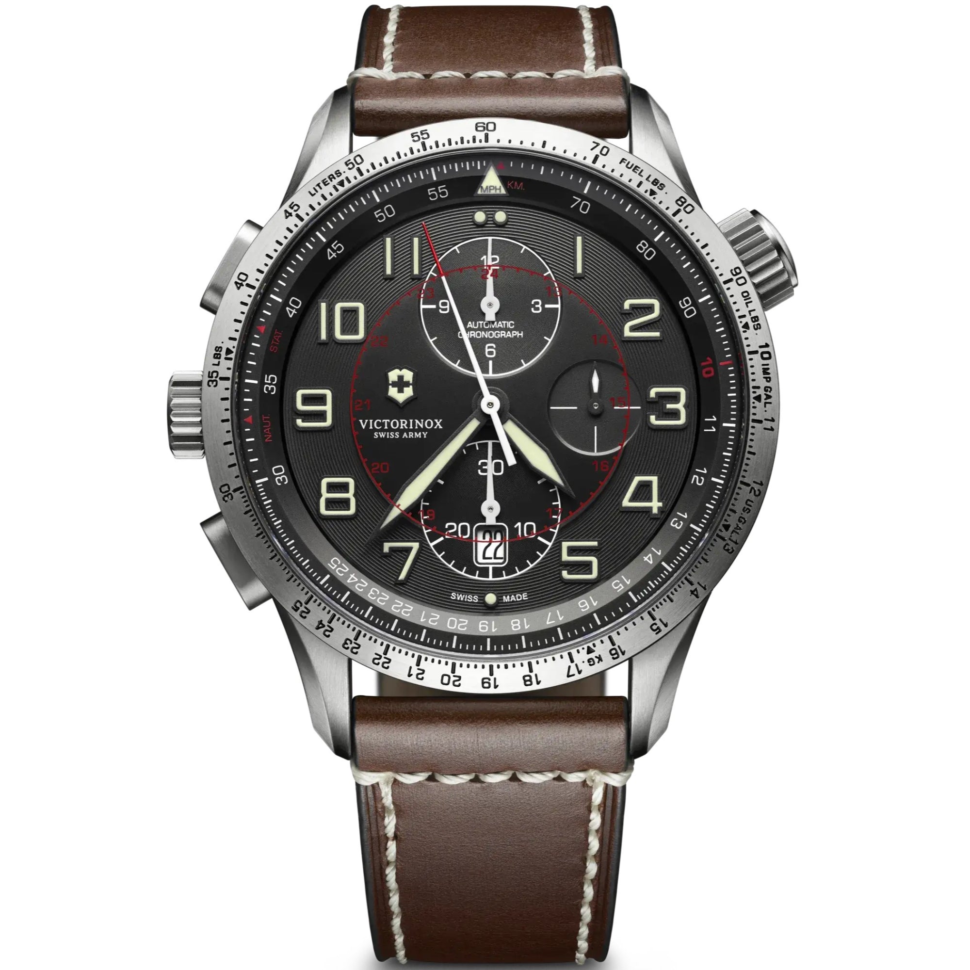 Victorinox Swiss Army Airboss Mach 9 Automatic Grey Dial Brown Leather Strap Men's Watch 241710