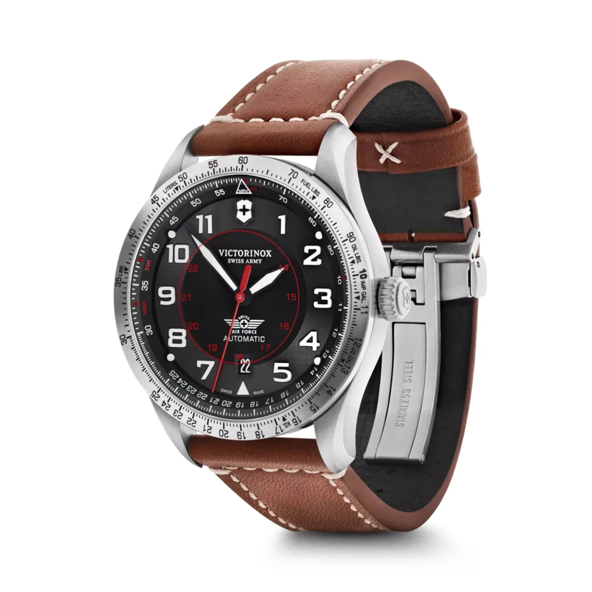 Victorinox Swiss Army Watch Airboss Mechanical Automatic Movement Black Dial Leather Bracelet Watch 241937