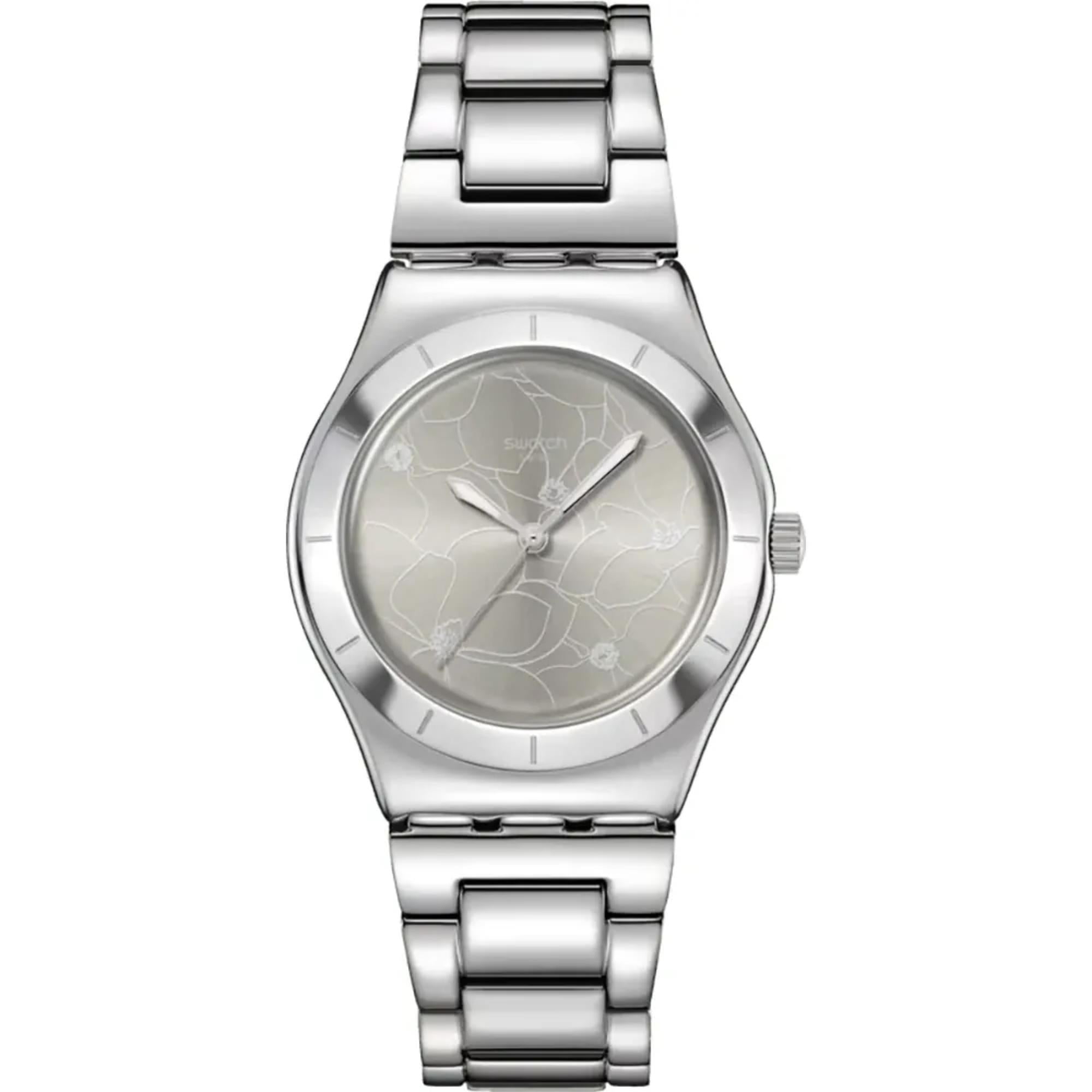 Swatch Petal Bliss Grey Dial Steel Strap Unisex Watch YLS237G