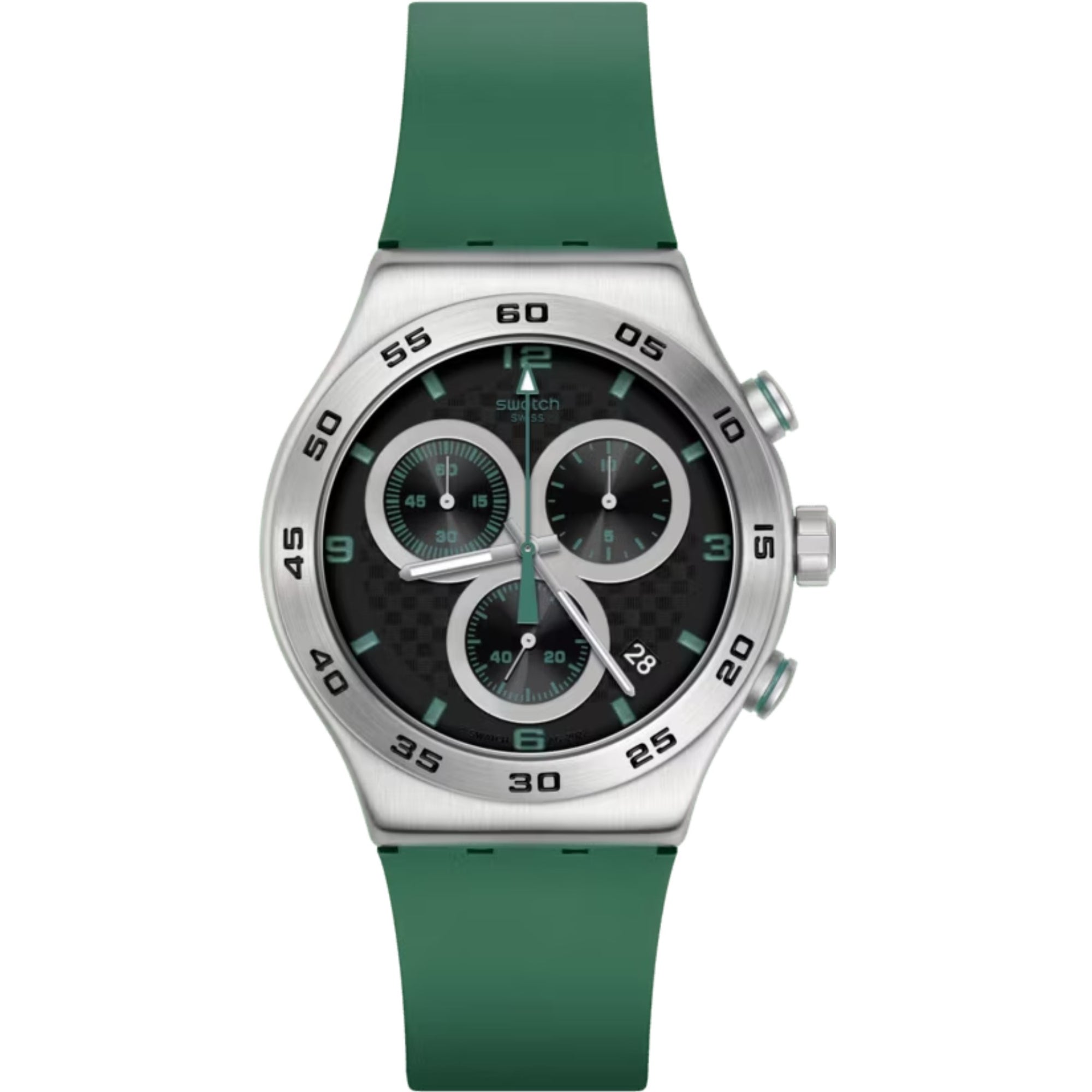 Swatch CARBONIC GREEN Green Silicone Strap Steel Case Black Dial Unisex Watch YVS525