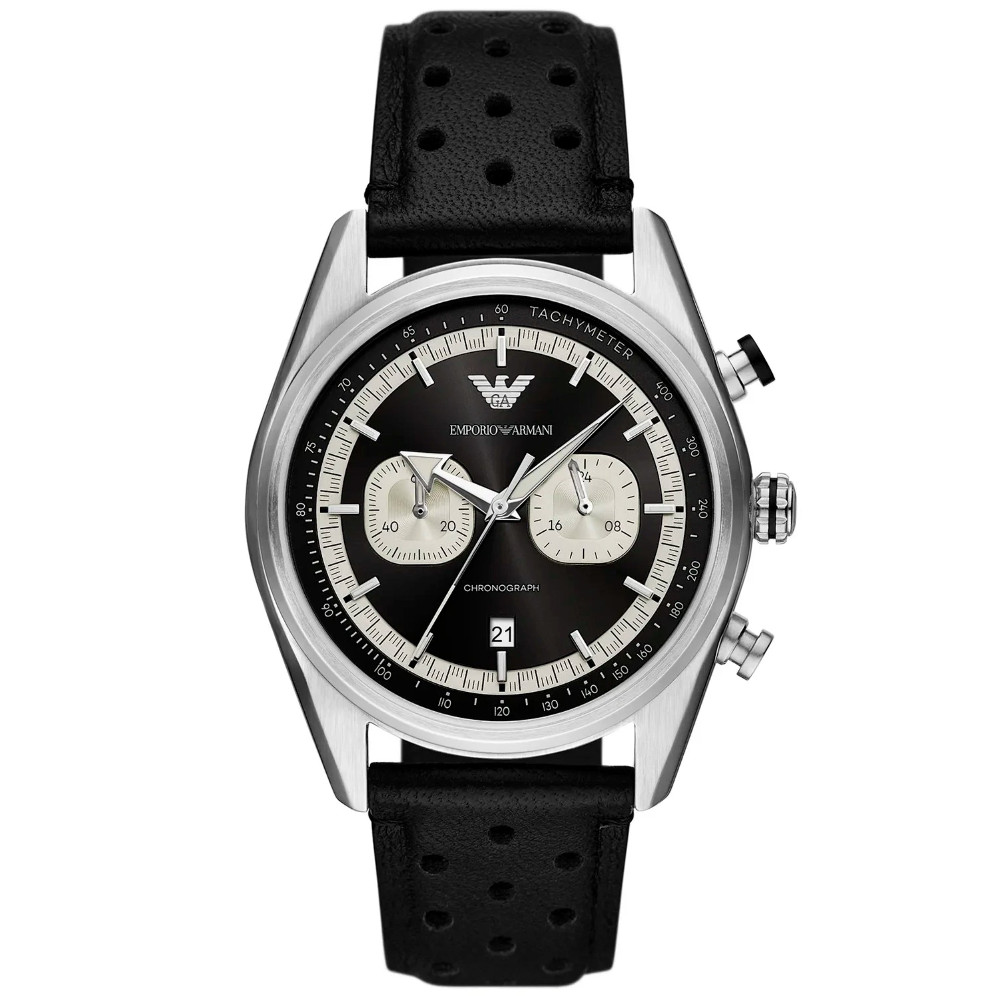 Emporio Armani Racer Chronograph Black Dial Leather Strap Men's Watch AR11635