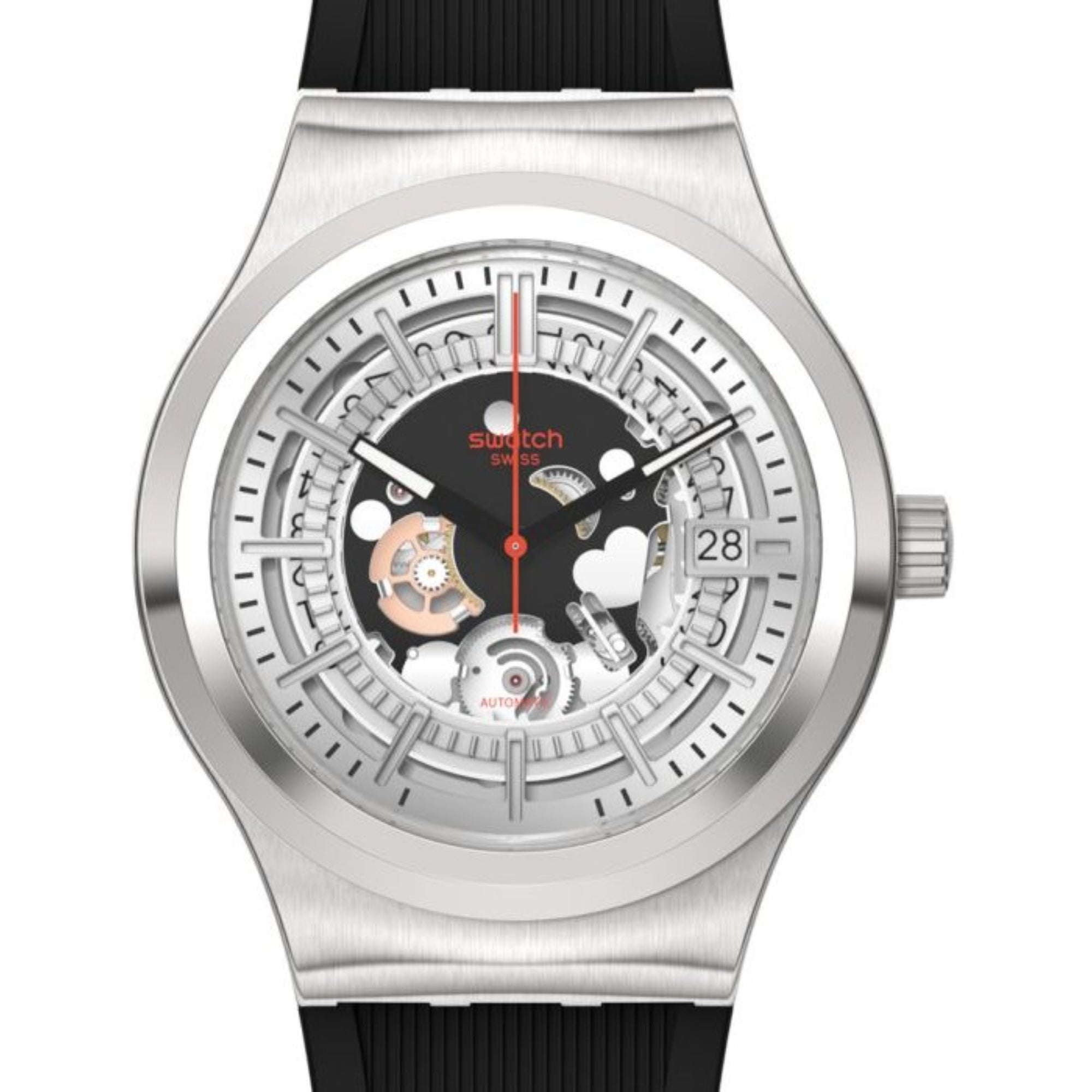 Swatch Irony Sistem51 Sistem Though Again Automatic Silver Skeleton Dial Black Rubber Strap Men’s Watch YIS431