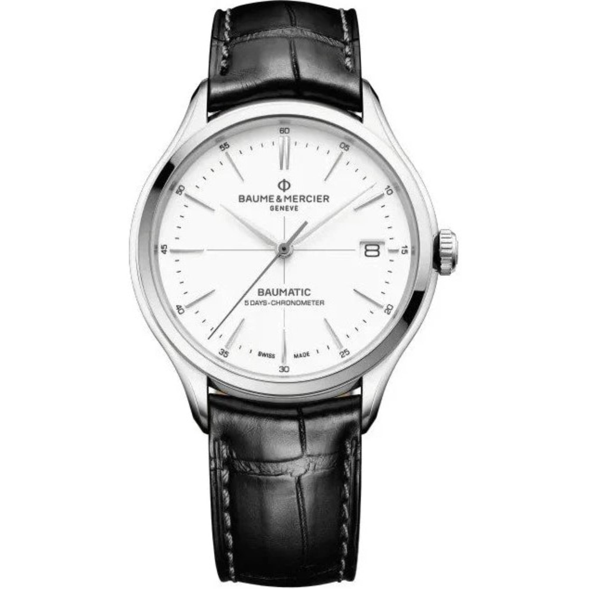 Baume & Mercier Clifton Baumatic Automatic White Dial Black Leather Strap Men's Watch BM0A10518