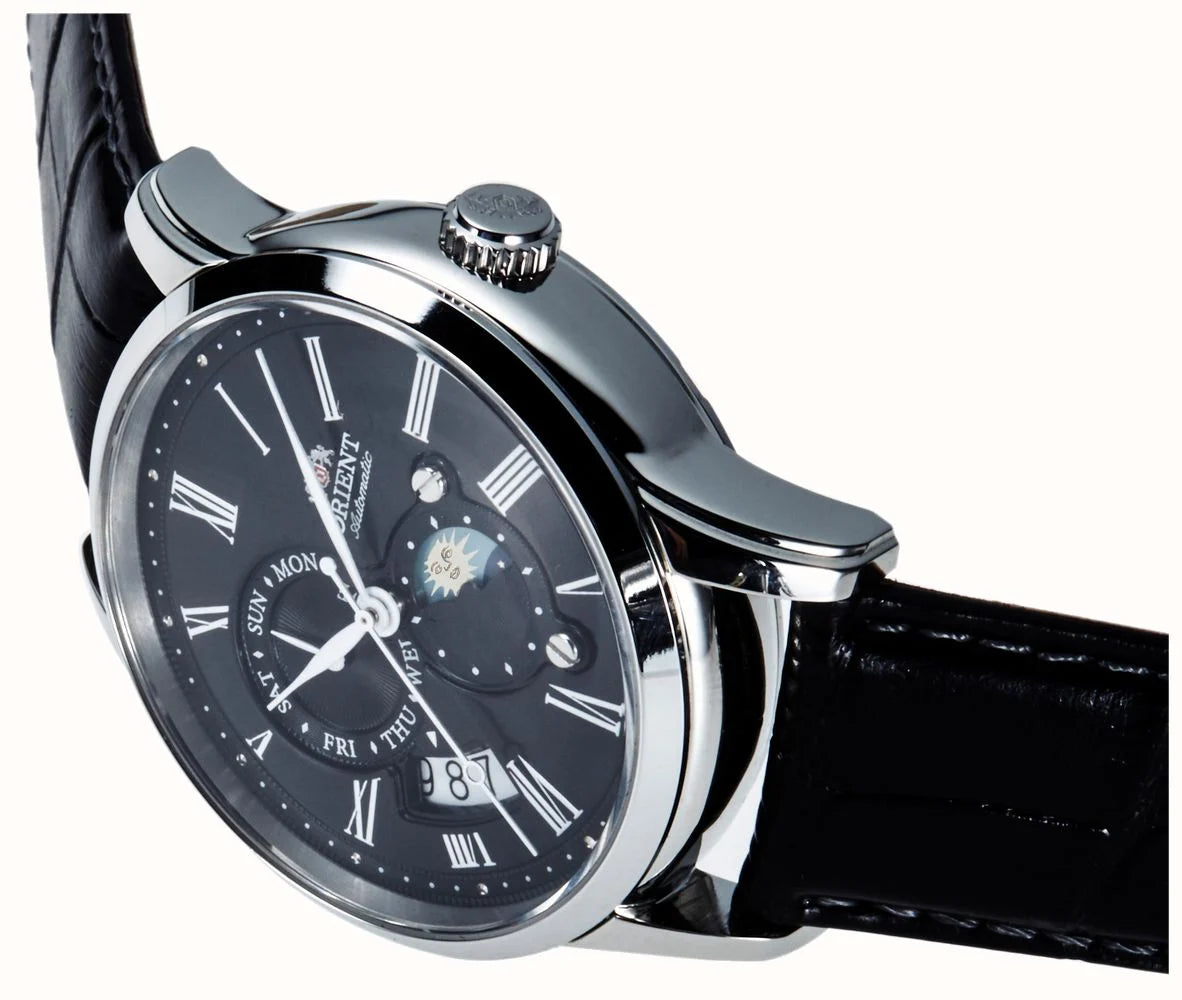 Orient Bambino Sun & Moon Mechanical Black Dial Black Leather Strap Men's Watch RA-AK0010B10B