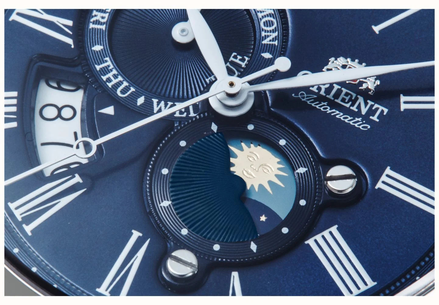 Orient Bambino Sun & Moon Mechanical Blue Dial Blue Leather Strap Men's Watch RA-AK0011D10B
