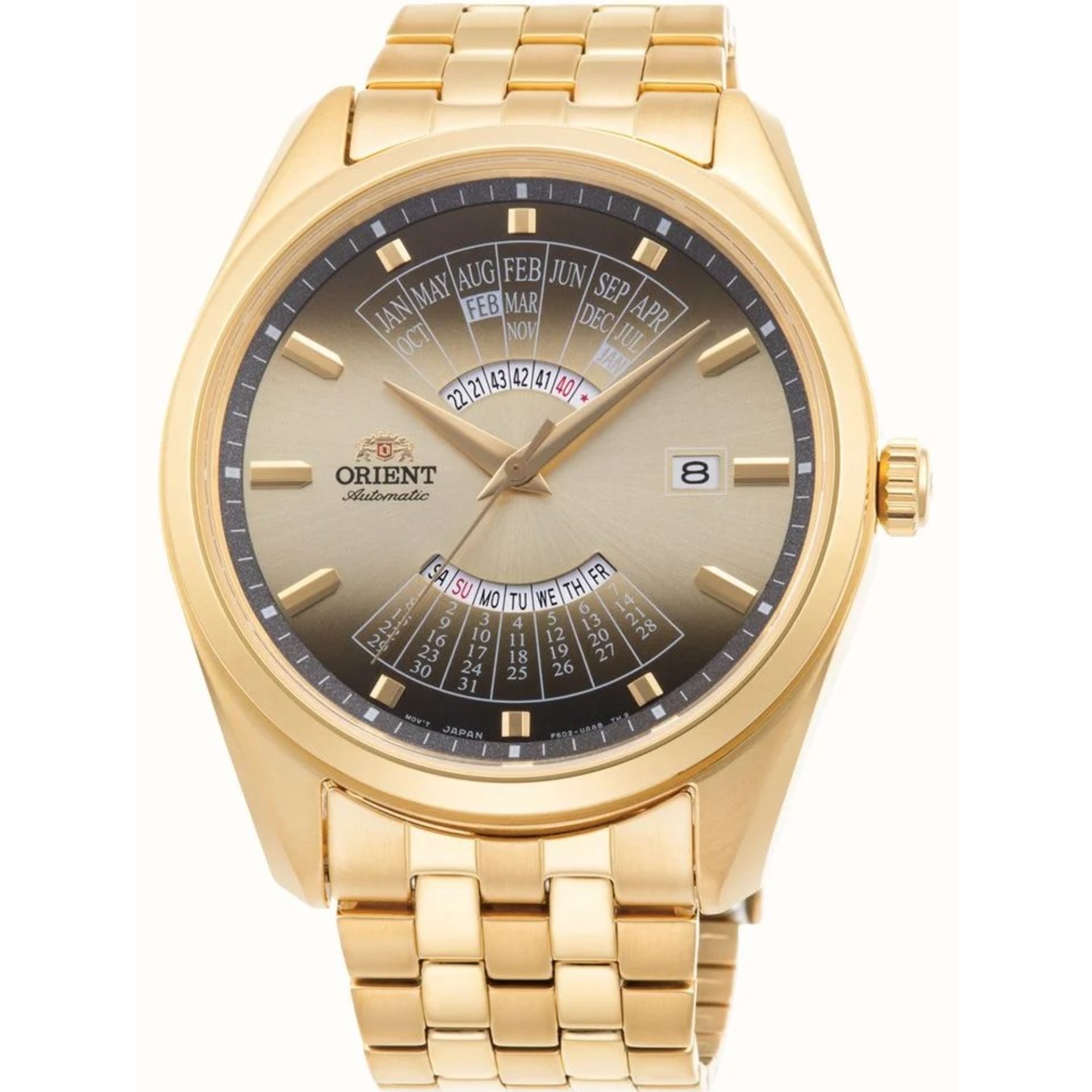 Orient Multi-Year Calendar Mechanical Gold Dial PVD Plated Stainless Steel Bracelet Men’s Watch RA-BA0001G10B