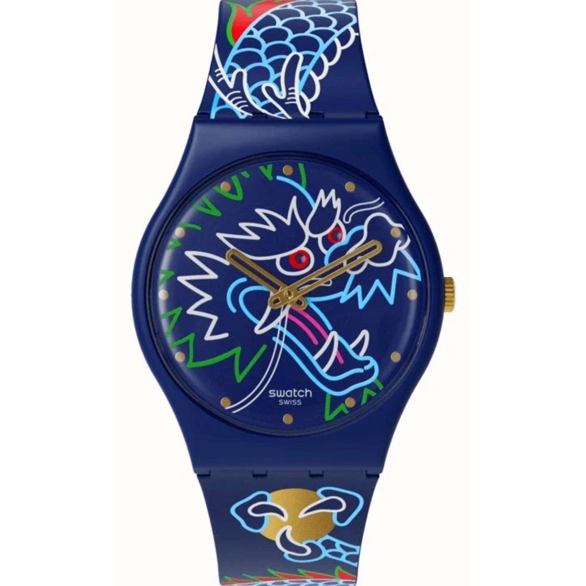 Swatch Dragon In Waves Quartz Blue Dial Silicone Strap Unisex Watch SO28Z125