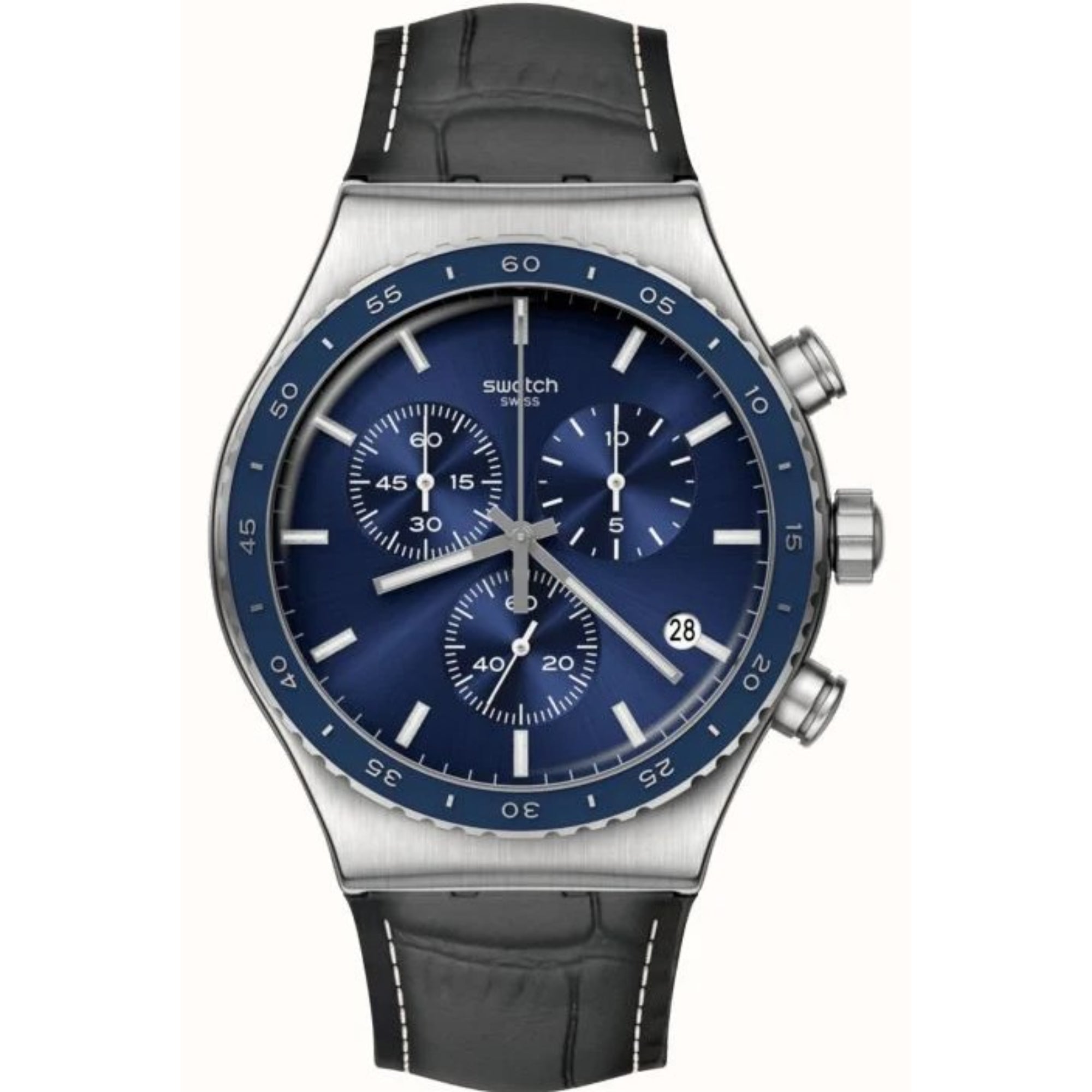 Swatch Cobalt Lagoon Chronograph Quartz Blue Dial Black Leather Strap Unisex Watch YVS496