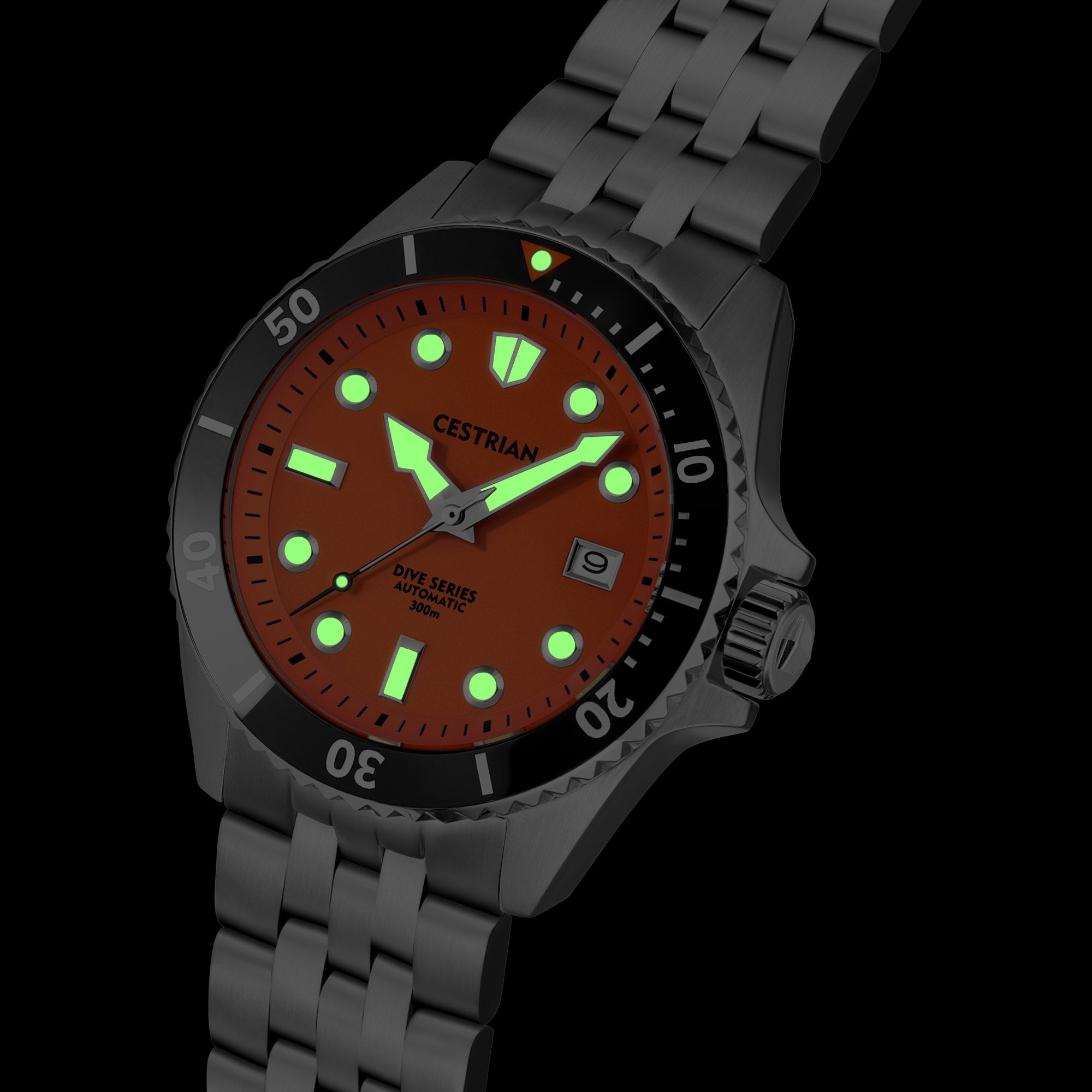 Cestrian Dive Series V2 Tiger Orange Dial Black Ceramic Bezel Steel Bracelet Automatic Men's Watch CD811B0771