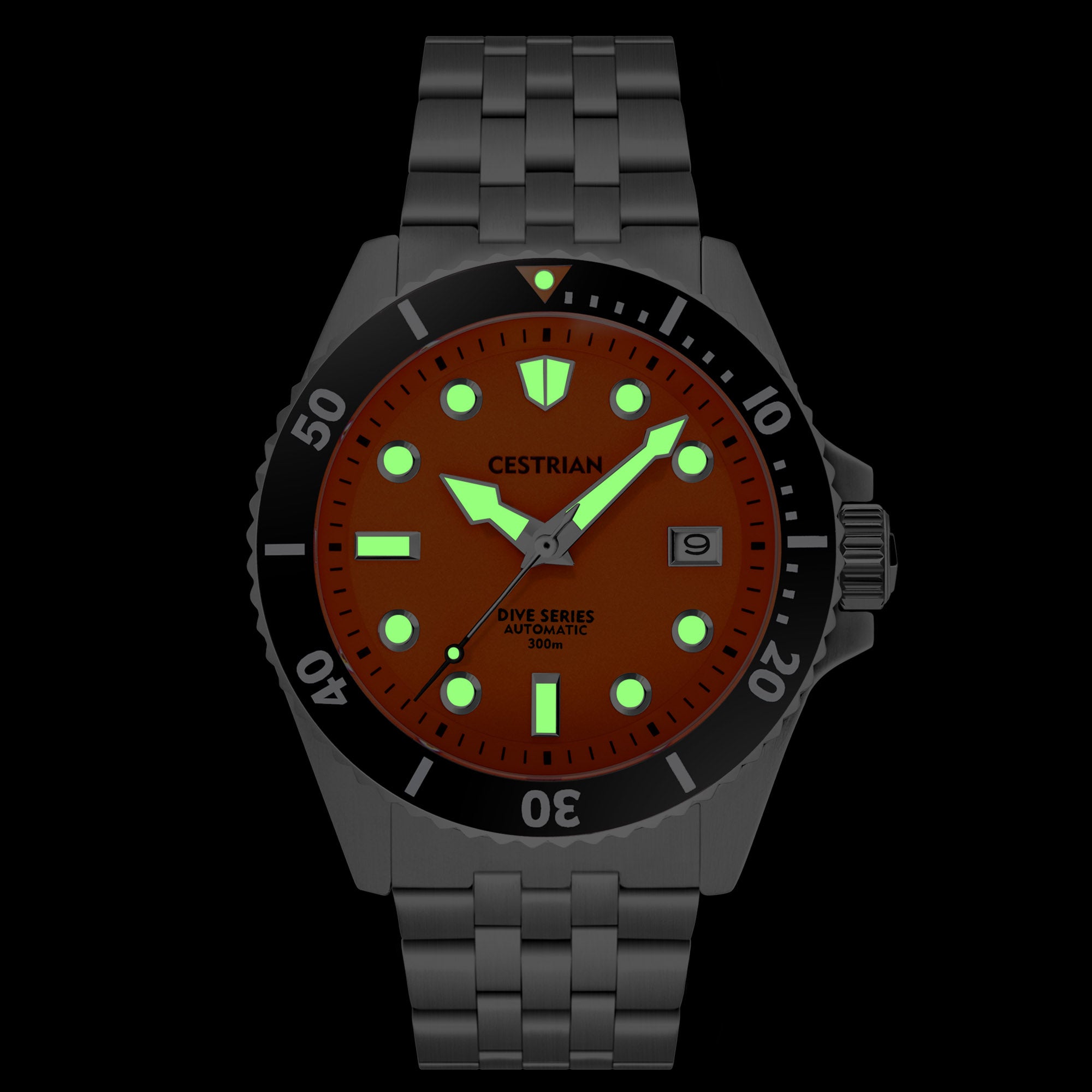 Cestrian Dive Series V2 Tiger Orange Dial Black Ceramic Bezel Steel Bracelet Automatic Men's Watch CD811B0771