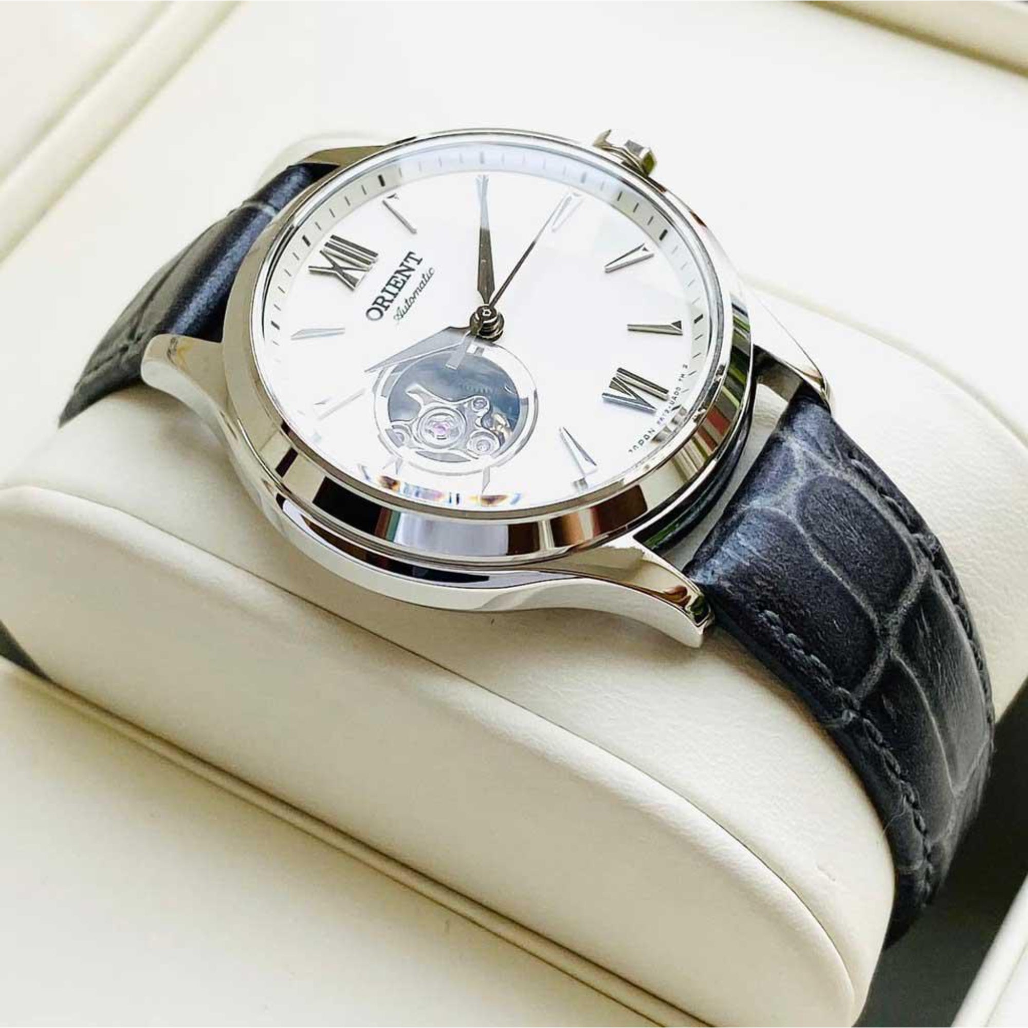 Orient Esteem II Contemporary Open Heart Automatic White Dial Leather Strap Men’s Watch TAG02005W0