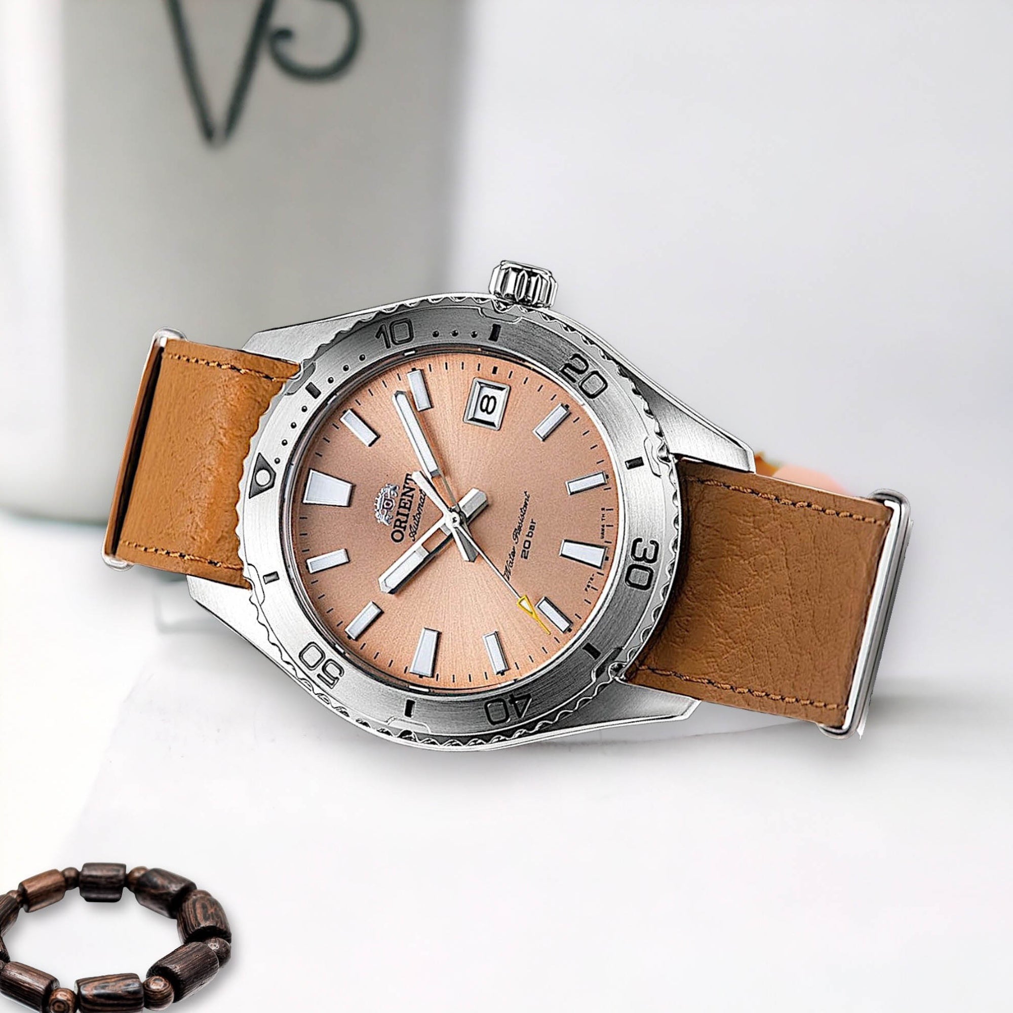 Orient Mako Automatic Apricot Dial Leather Strap Unisex Dive Watch RA-AC0Q05P30B