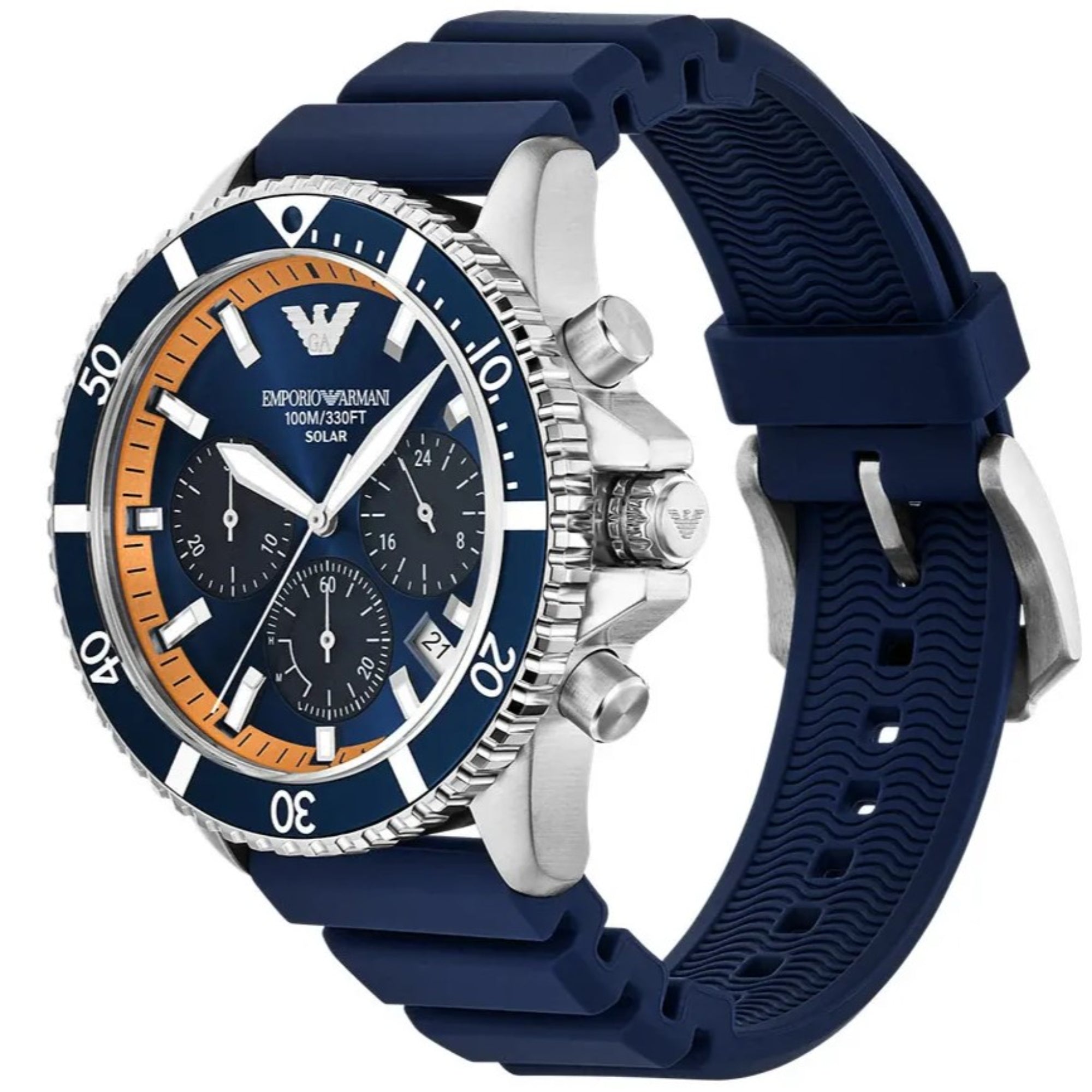 Emporio Armani World Explorer Solar Chronograph Blue Dial Silicone Strap Men's Watch AR11696