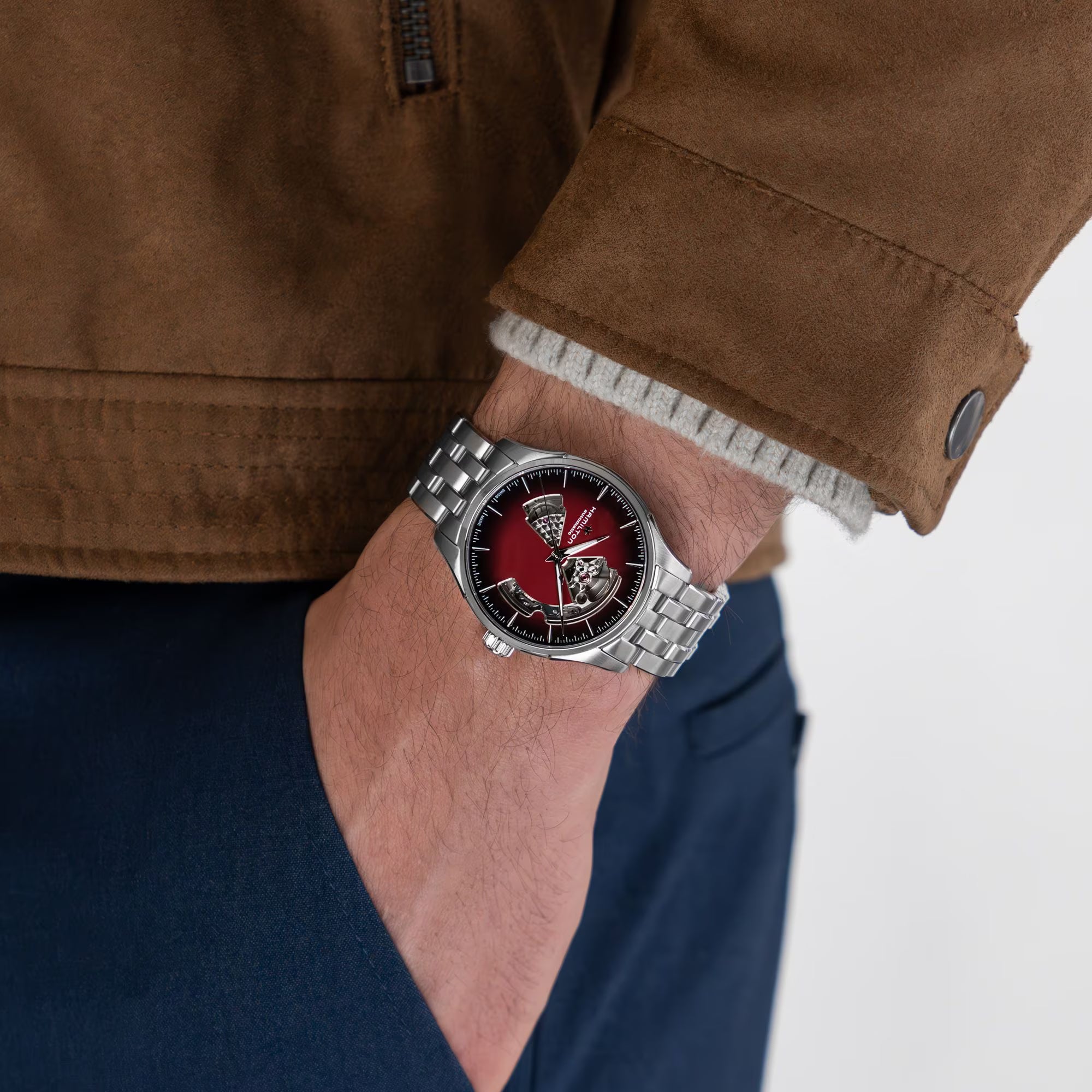Hamilton Jazzmaster Open Heart Auto Burgundy Dial Stainless Steel Bracelet Men's Watch H32675170