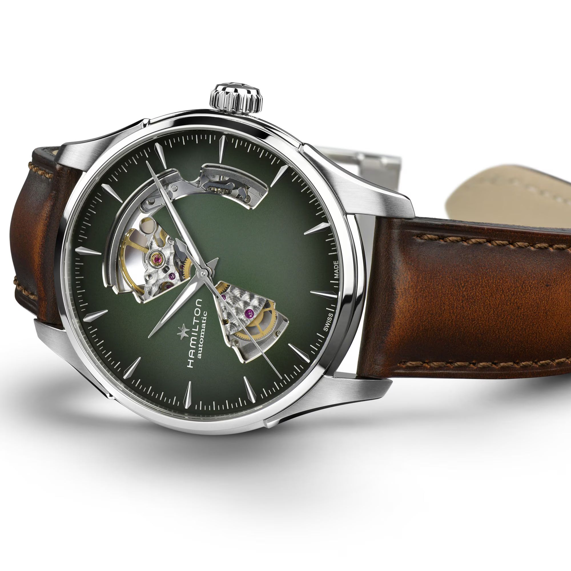 Hamilton Jazzmaster Open Heart smoked green dial brown leather automatic watch