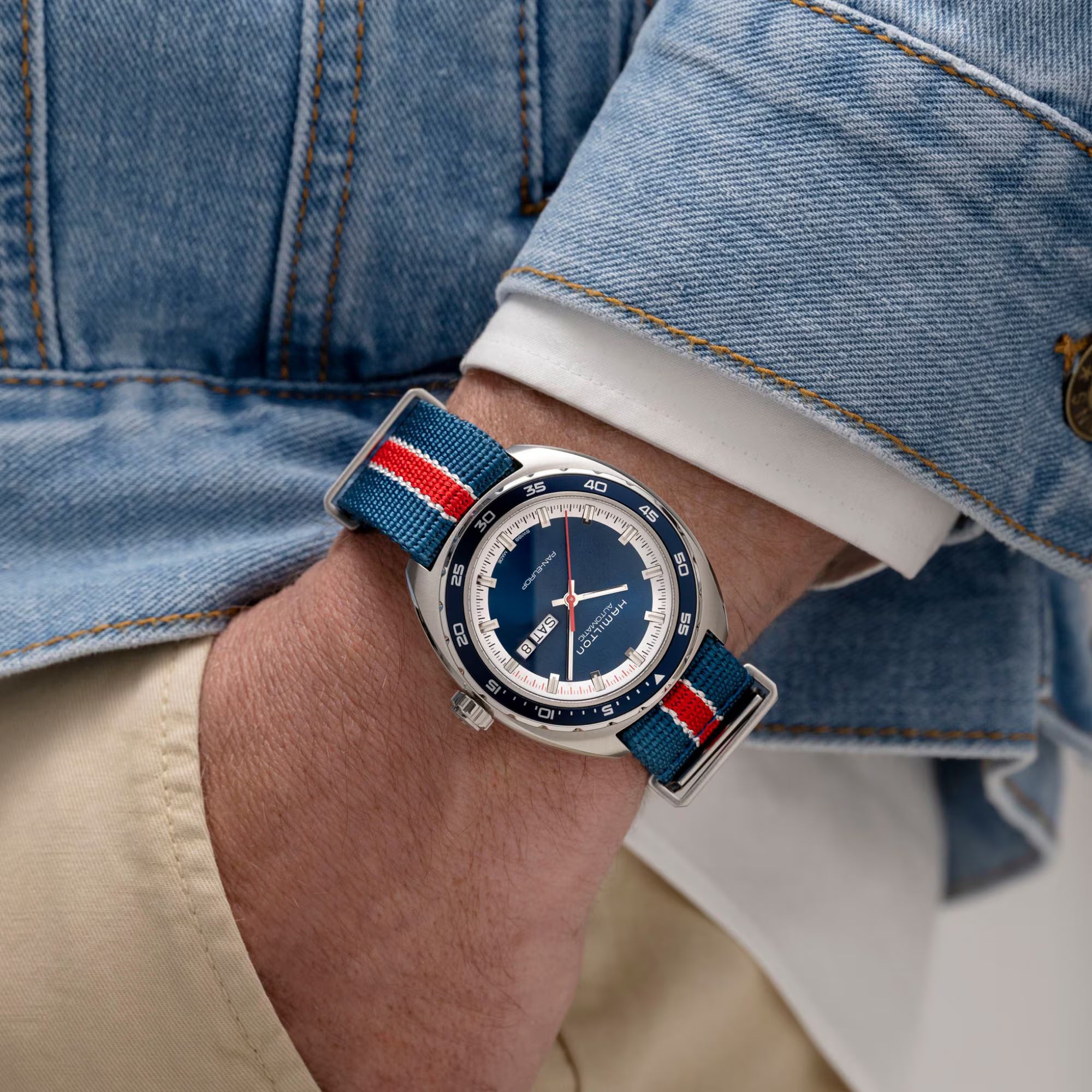 Hamilton American Classic Pan Europ Day Date Automatic Blue Dial Black Leather & NATO Strap Men's Watch H35405741