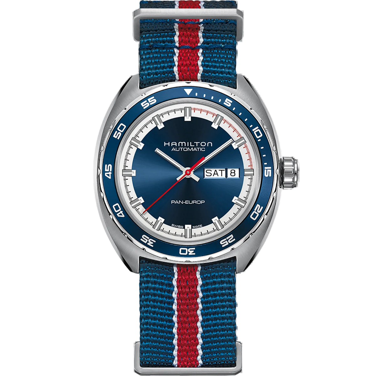 Hamilton American Classic 42mm Pan Europ Day Date blue dial automatic watch H35405741 front view