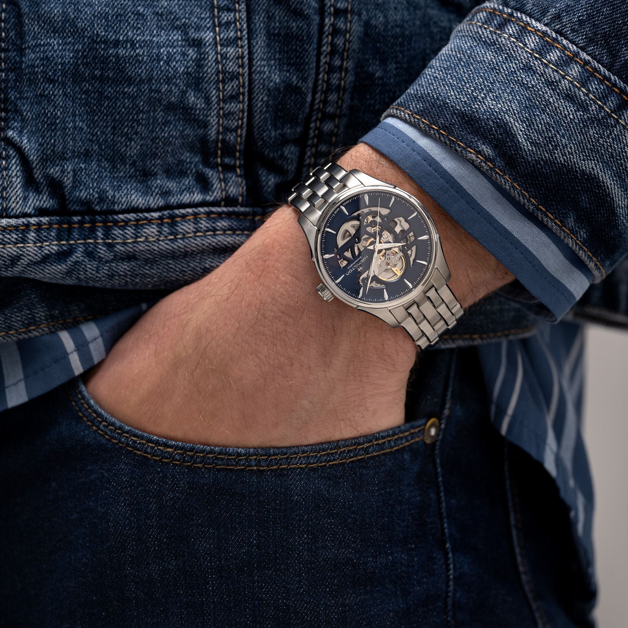 Hamilton Jazzmaster Skeleton Automatic Blue Dial Steel Strap Men's Watch H42535141