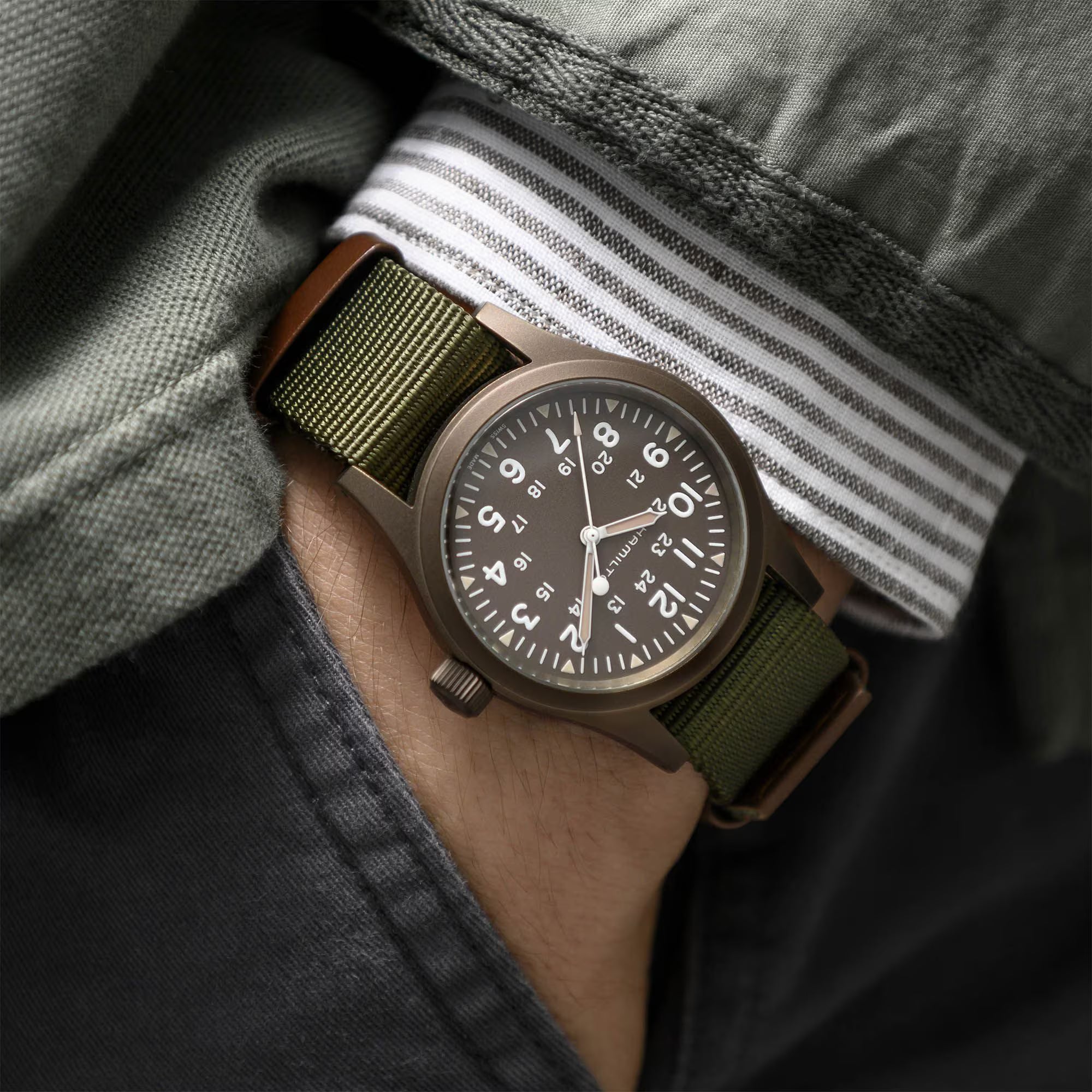 Hamilton Khaki Field Mechanical Earth PVD Case Green Dial Green NATO Strap Men's Watch H69449961