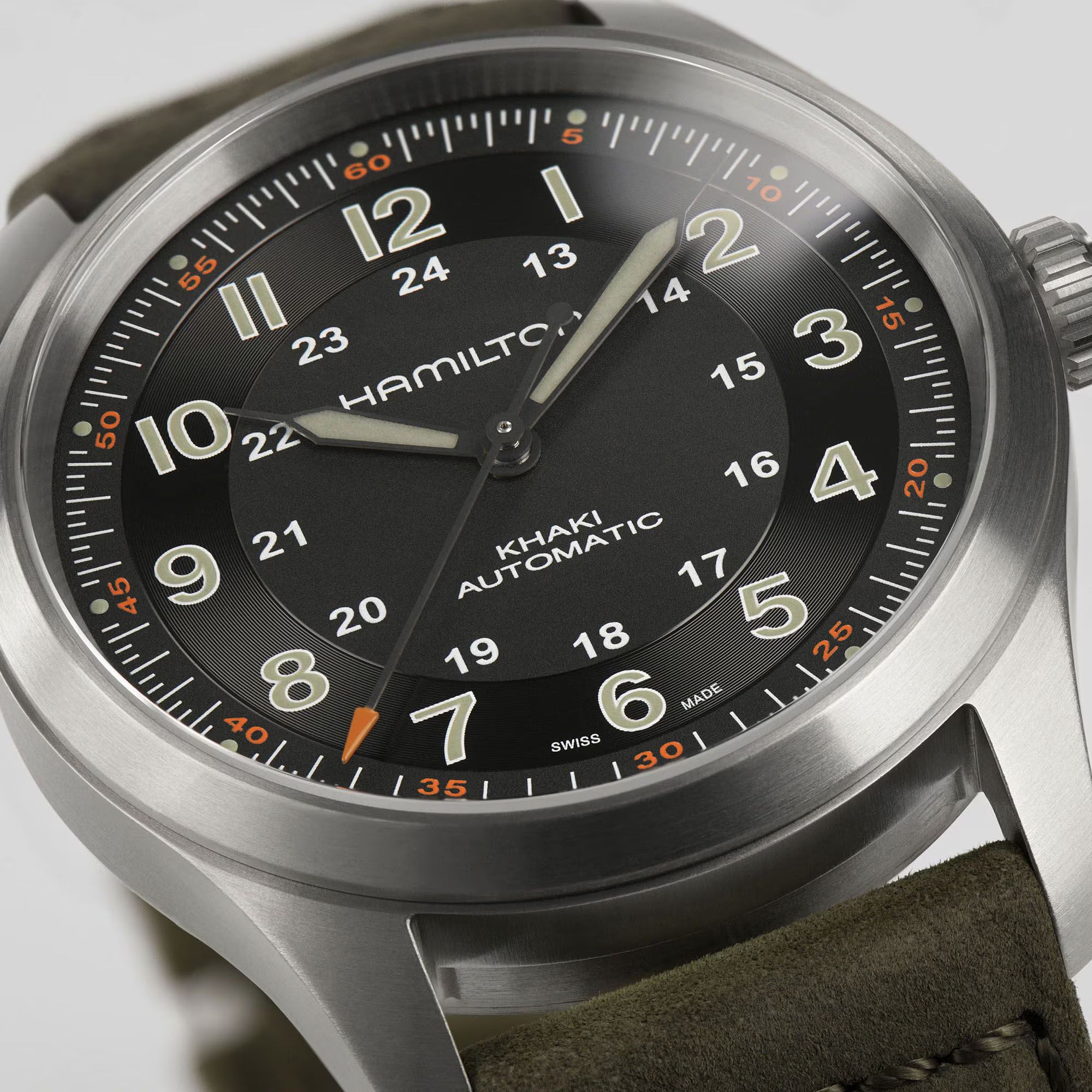 Hamilton Khaki Field Titanium Automatic Black Dial Green Leather Strap Men's Watch H70205830