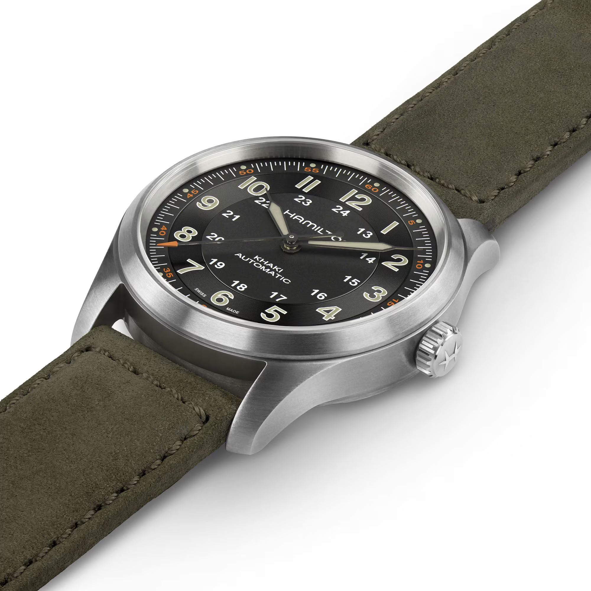 Hamilton Khaki Field Titanium Automatic Black Dial Green Leather Strap Men's Watch H70205830