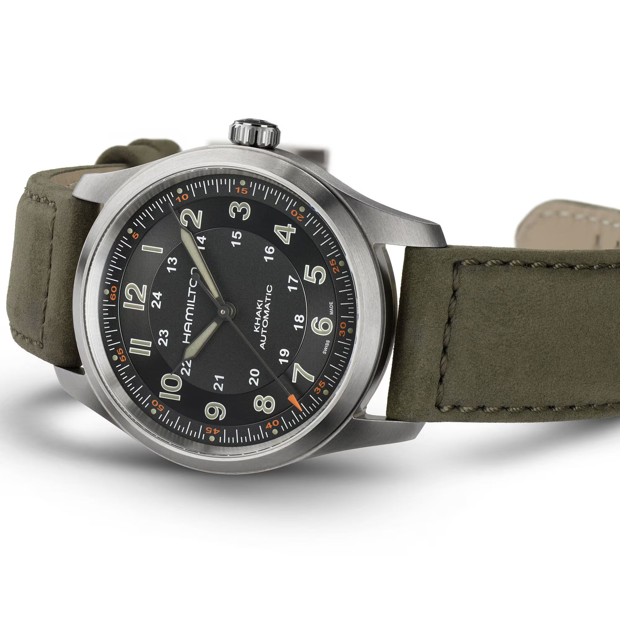 Hamilton Khaki Field Titanium Automatic Black Dial Green Leather Strap Men's Watch H70205830