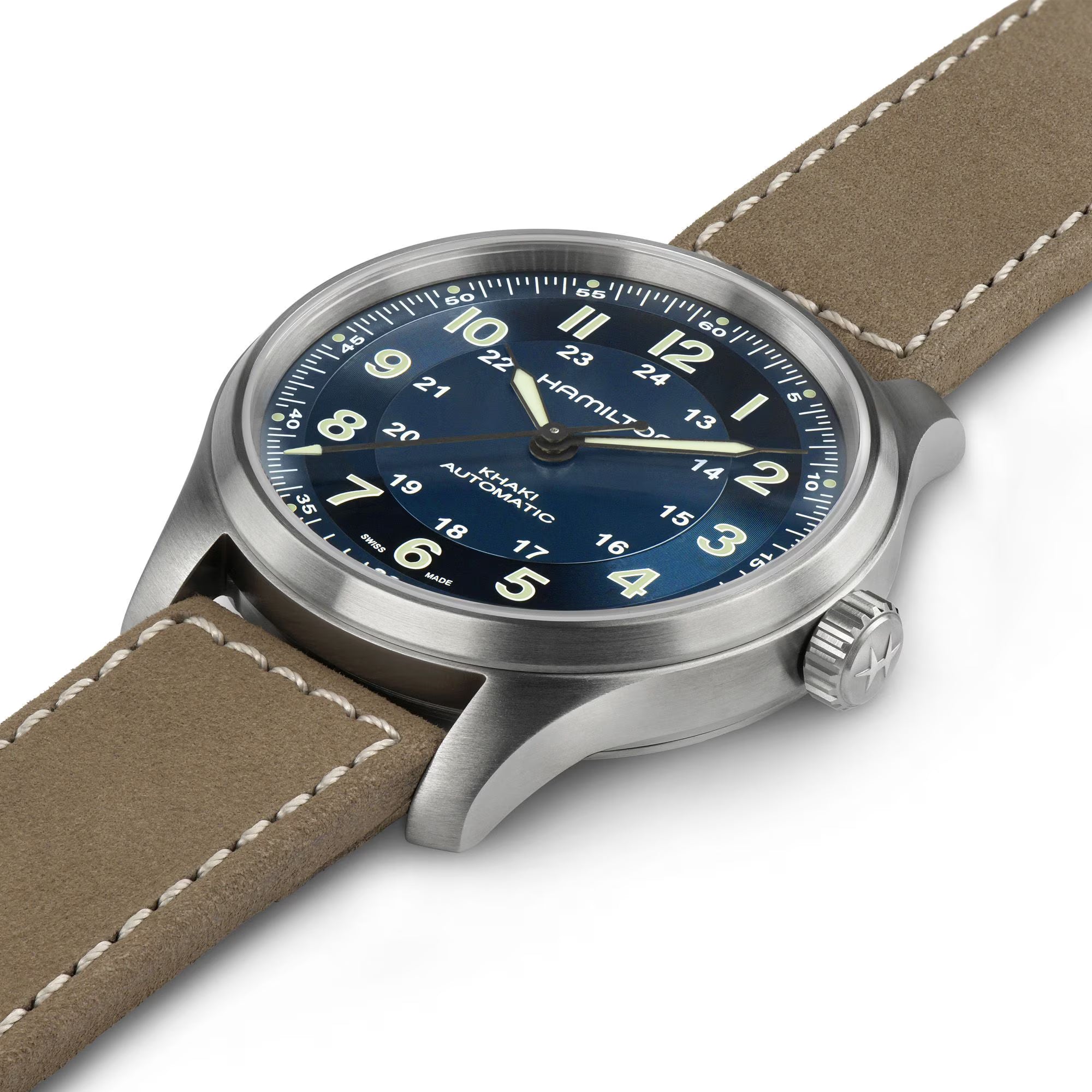 Hamilton Khaki Field Titanium Automatic Blue Dial Beige Leather Strap Men's Watch H70545540