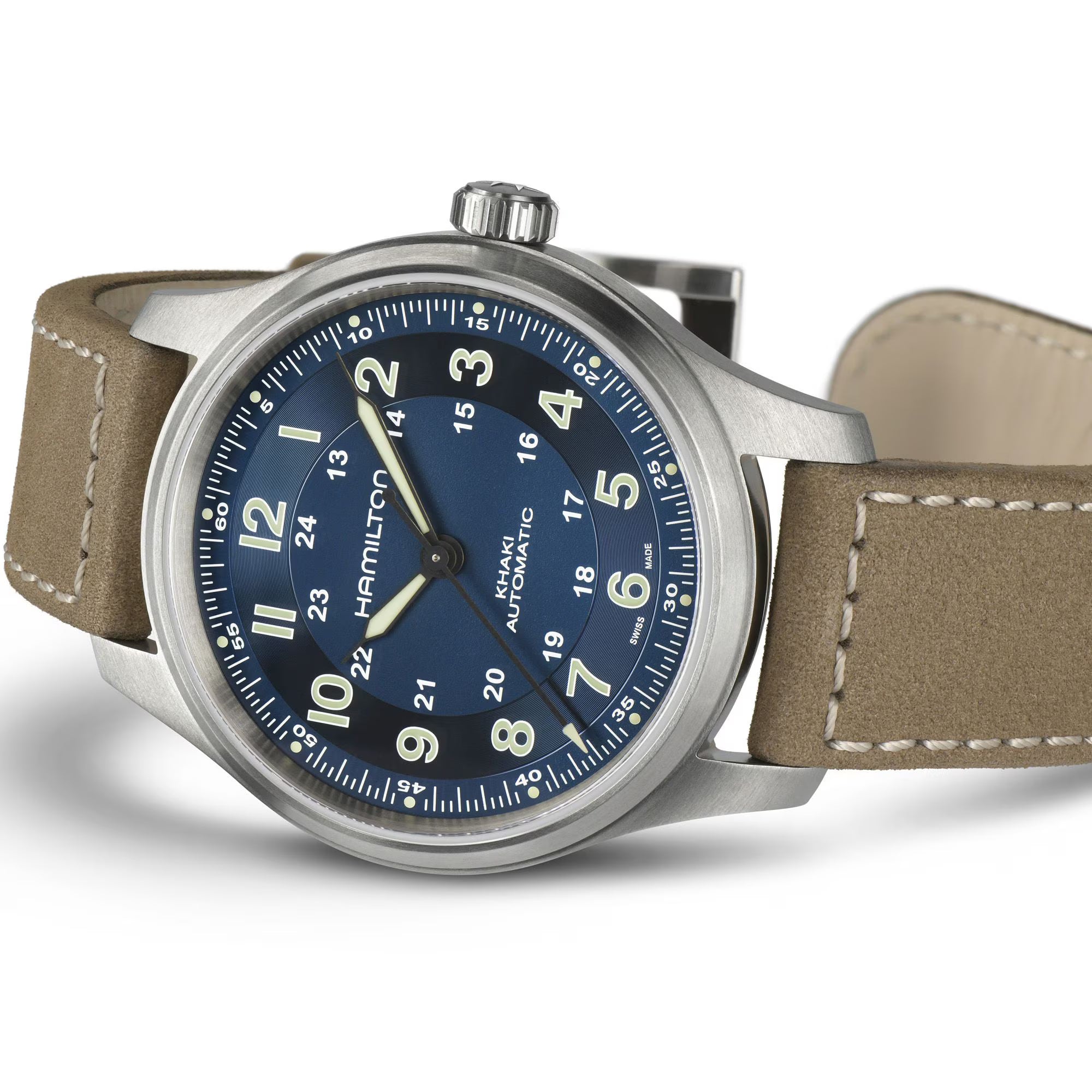 Hamilton Khaki Field Titanium Automatic Blue Dial Beige Leather Strap Men's Watch H70545540